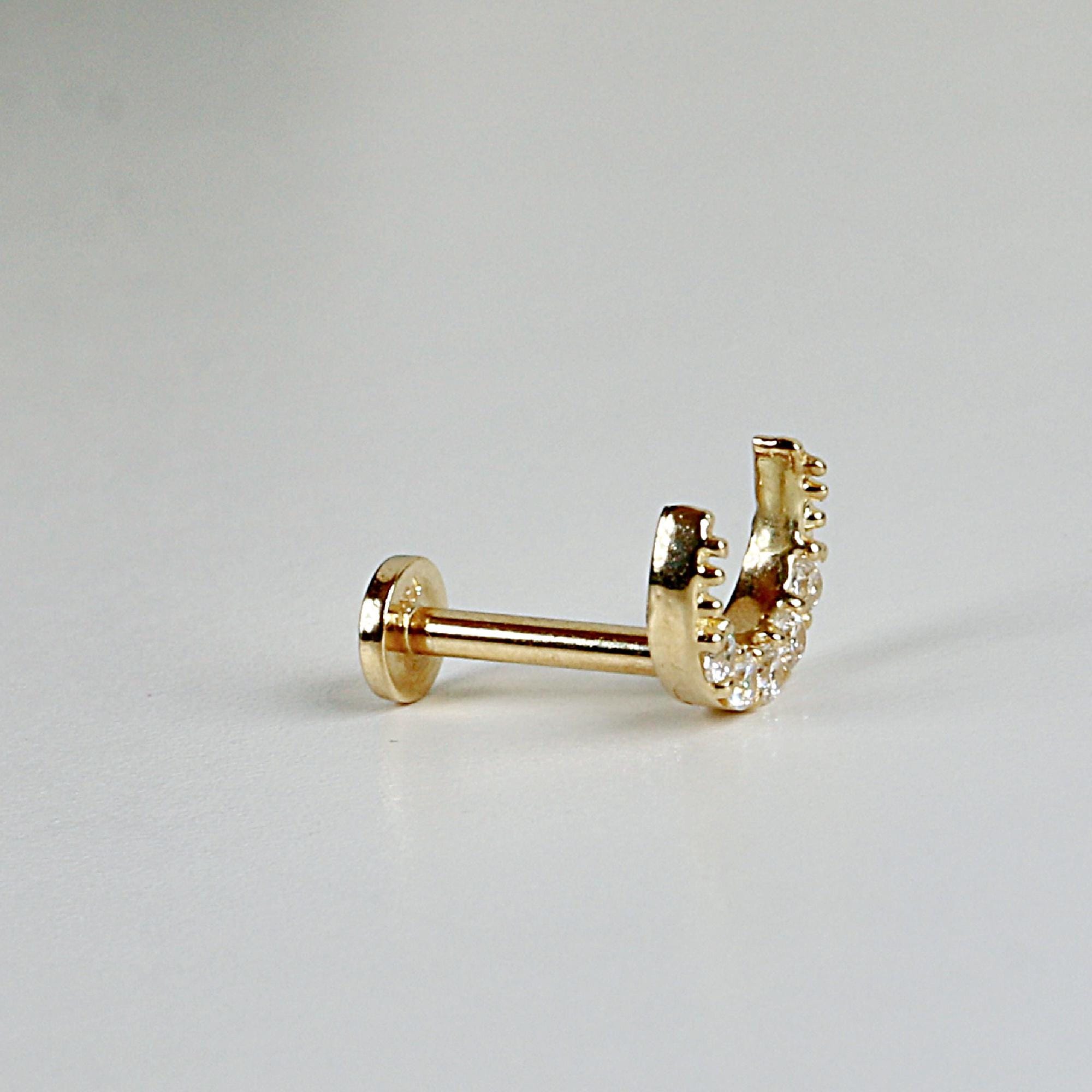 Cz Crescent Moon Earring 14k Solid Gold, Internally Threaded Flat Back Cartilage Earring - Melt'm Jewelry