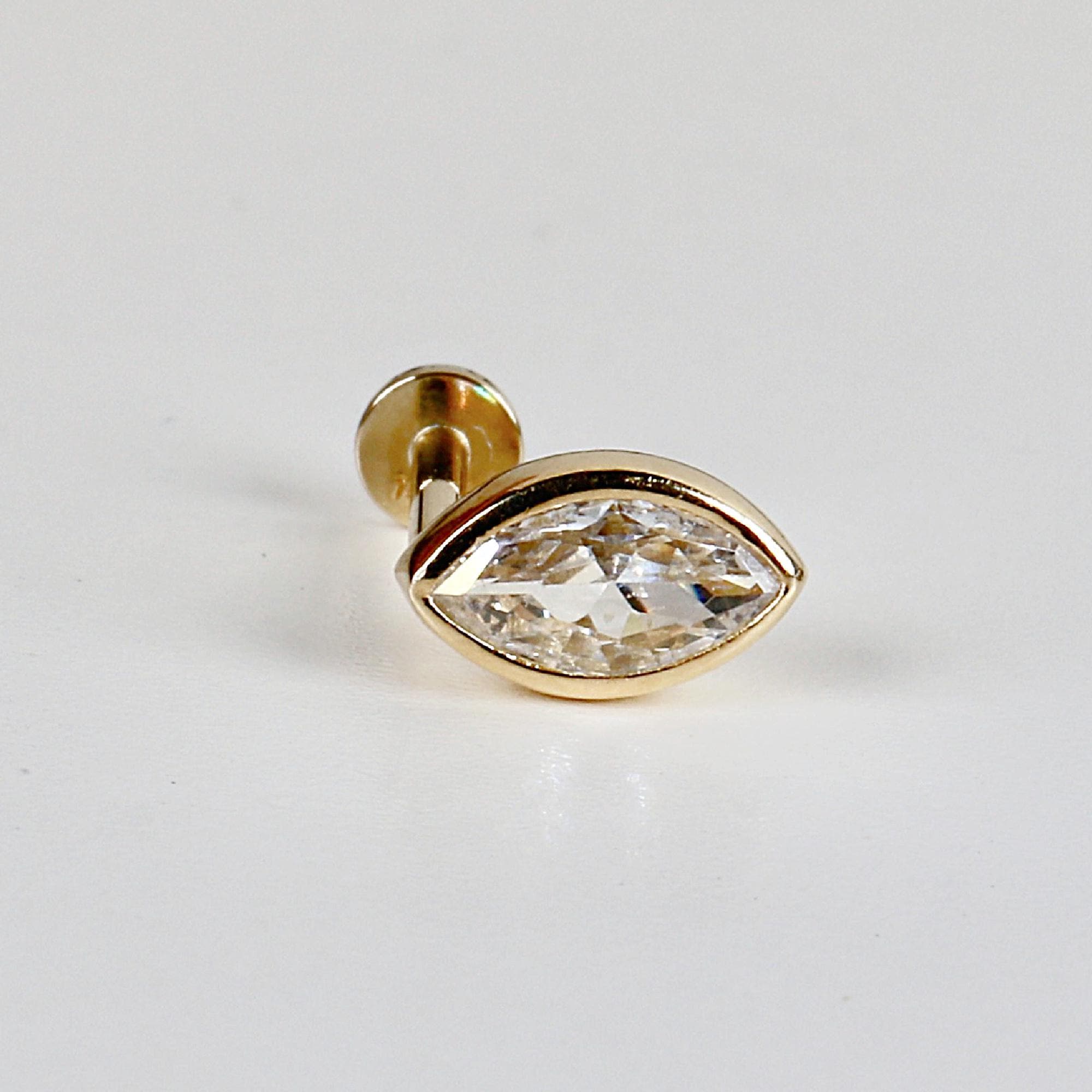 Marquise CZ Simulated Diamond Bezel Earring 14k Solid Gold, Flat Back Internally Threaded Earring