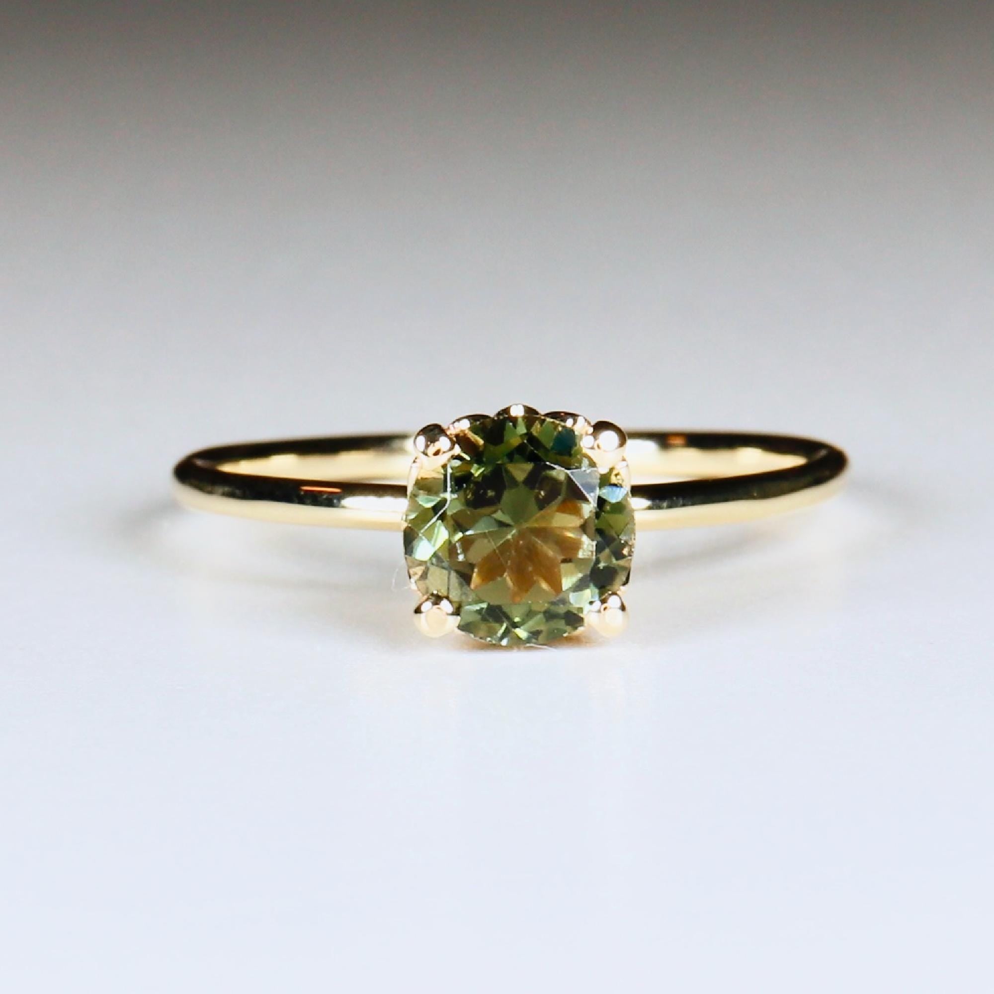 Round Olive Green Tourmaline Engagement Ring 10k Solid Gold, Tulip Setting Tourmaline Engagement Ring, Gemstone Anniversary Ring