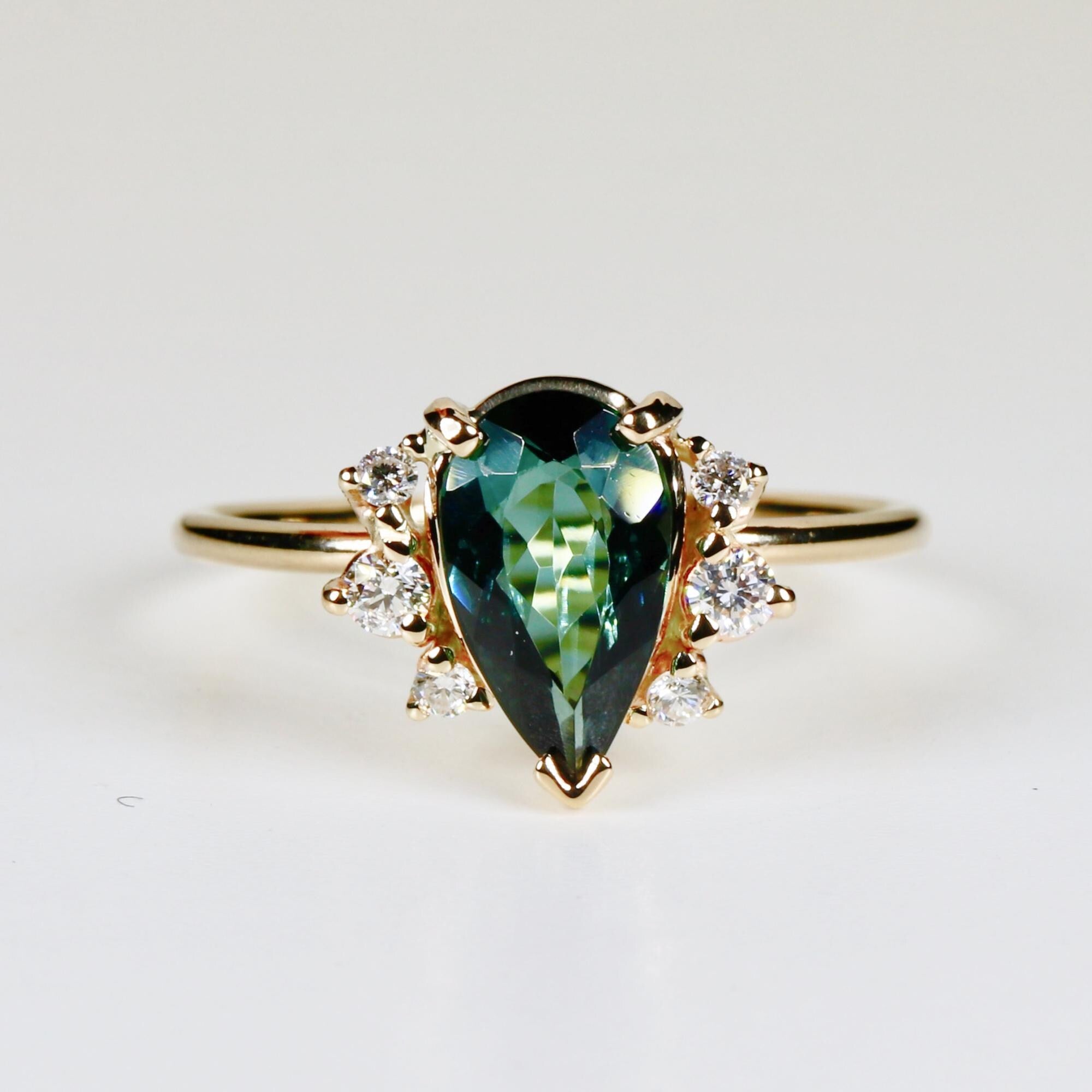 Pear Tourmaline with Diamond Engagement Ring 14k Solid Gold - Melt'm Jewelry