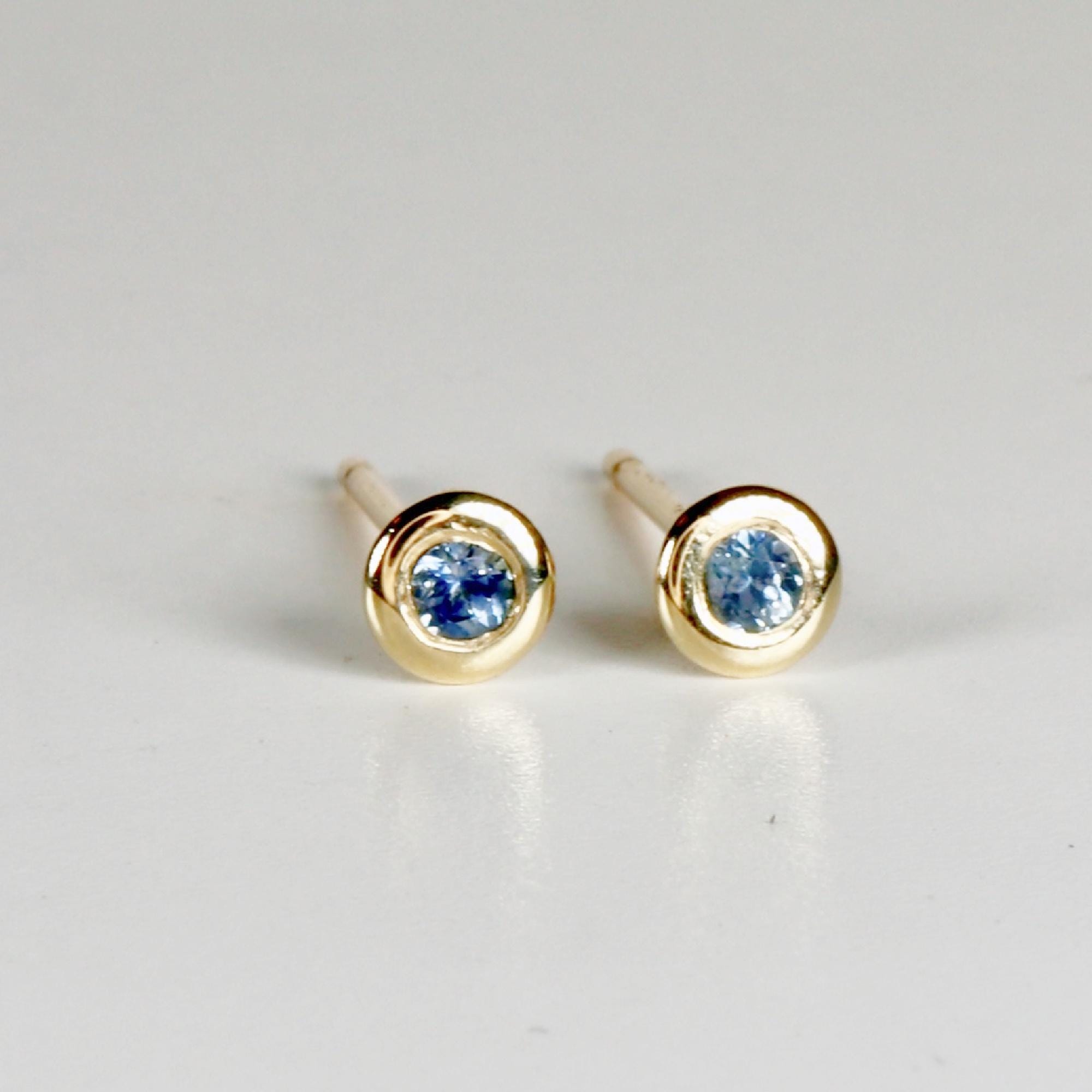 Tiny Blue Montana Sapphire Martini Bezel Earrings 14k Gold - Melt'm Jewelry