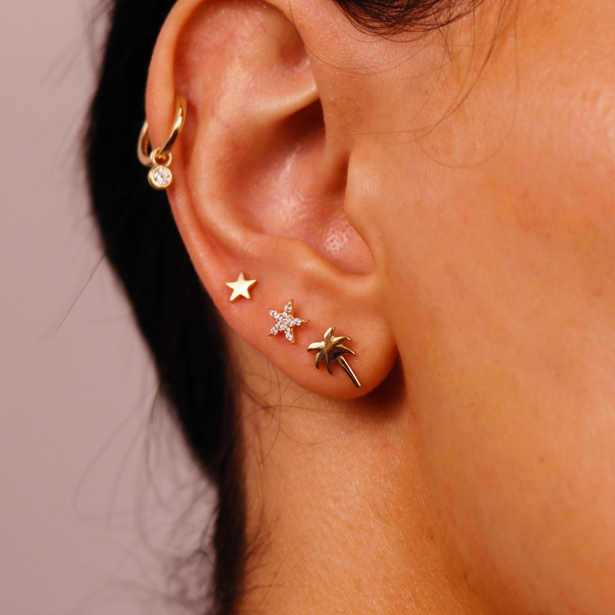 Palm Tree Flat Back Earrings 14k Solid Gold, Minimalist Earrings, Internally Threaded Earrings, Cartilage Earrings, Gift for Her