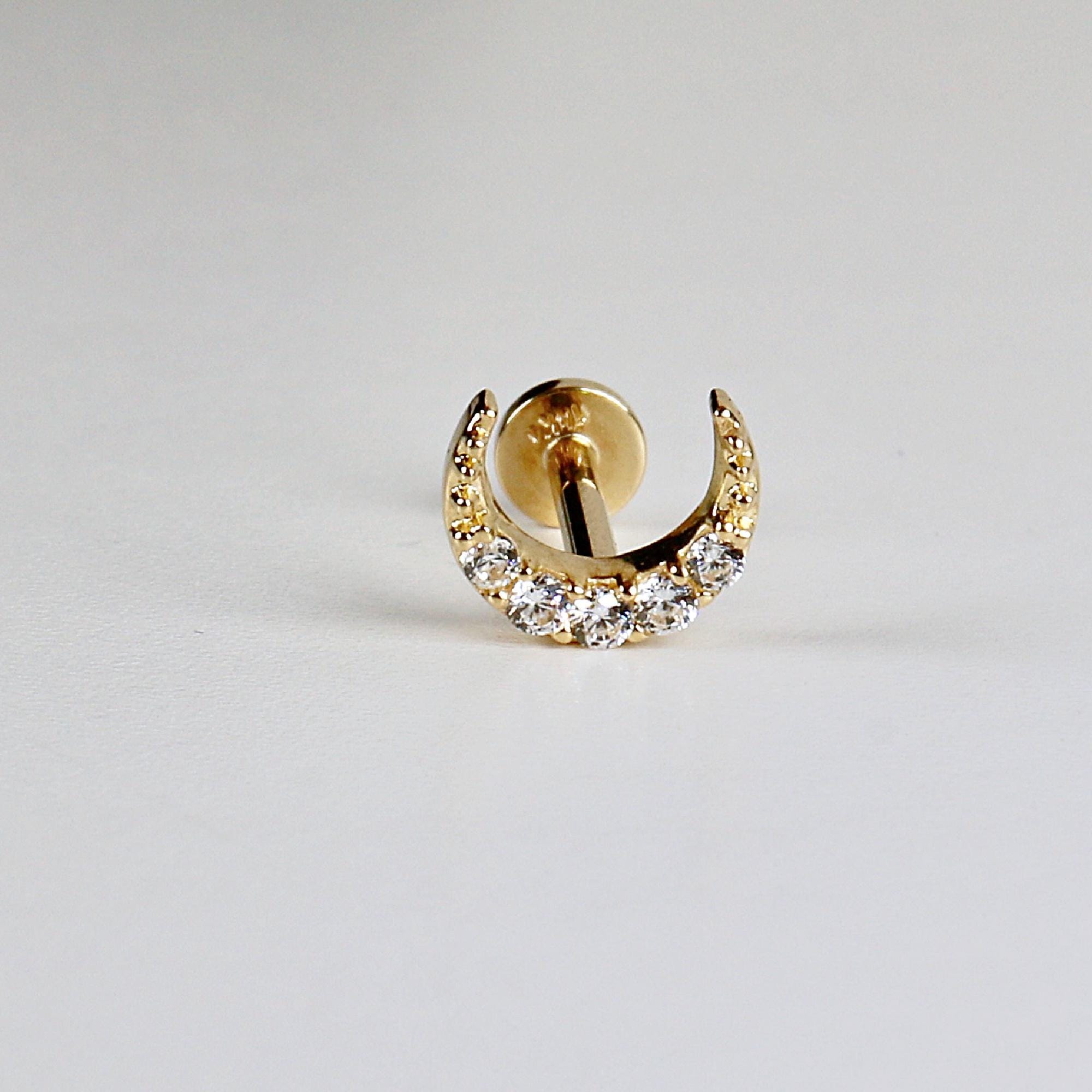 Cz Crescent Moon Earring 14k Solid Gold, Internally Threaded Flat Back Cartilage Earring - Melt'm Jewelry