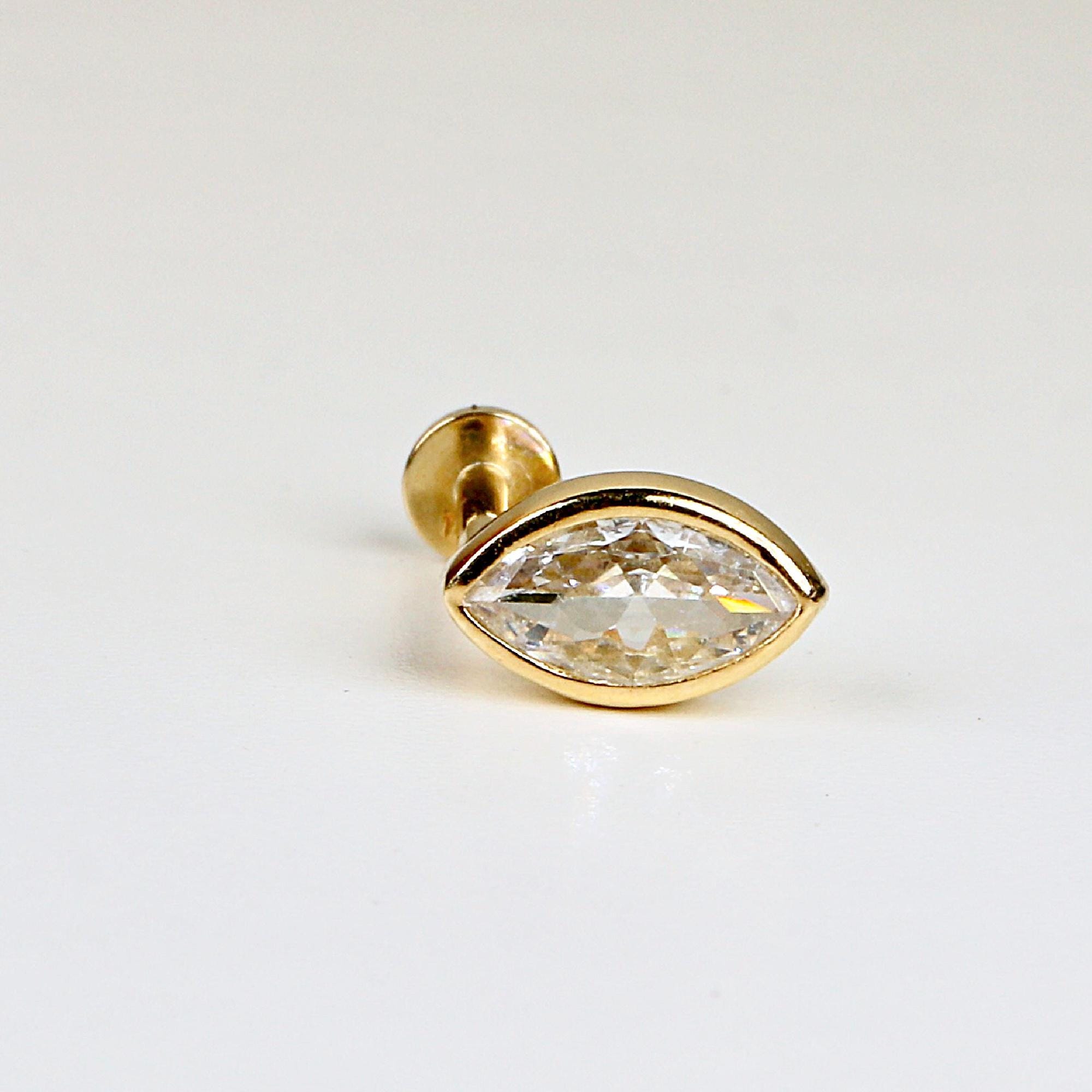 Marquise CZ Simulated Diamond Bezel Earring 14k Solid Gold, Flat Back Internally Threaded Earring