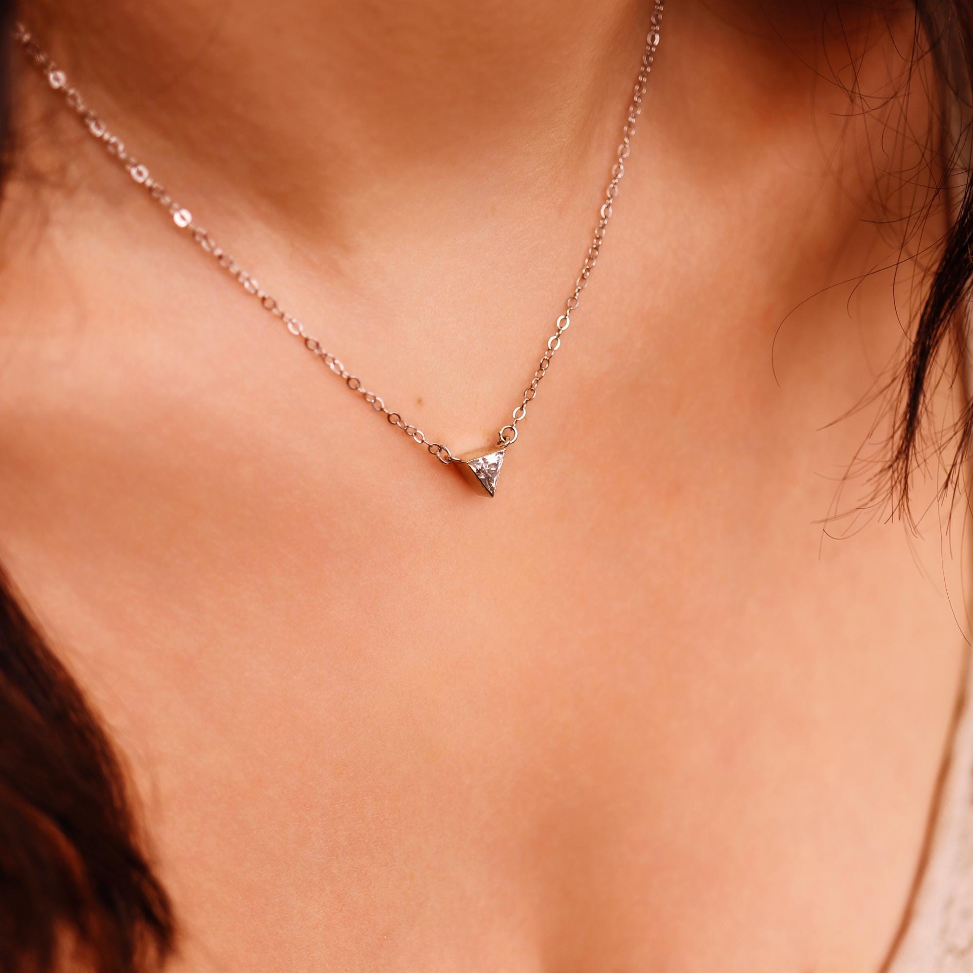 Triangle Moissanite Necklace 14k Solid White Gold, Bezel Setting Moissanite Necklace, Gift for New Mom, Bridal Jewelry