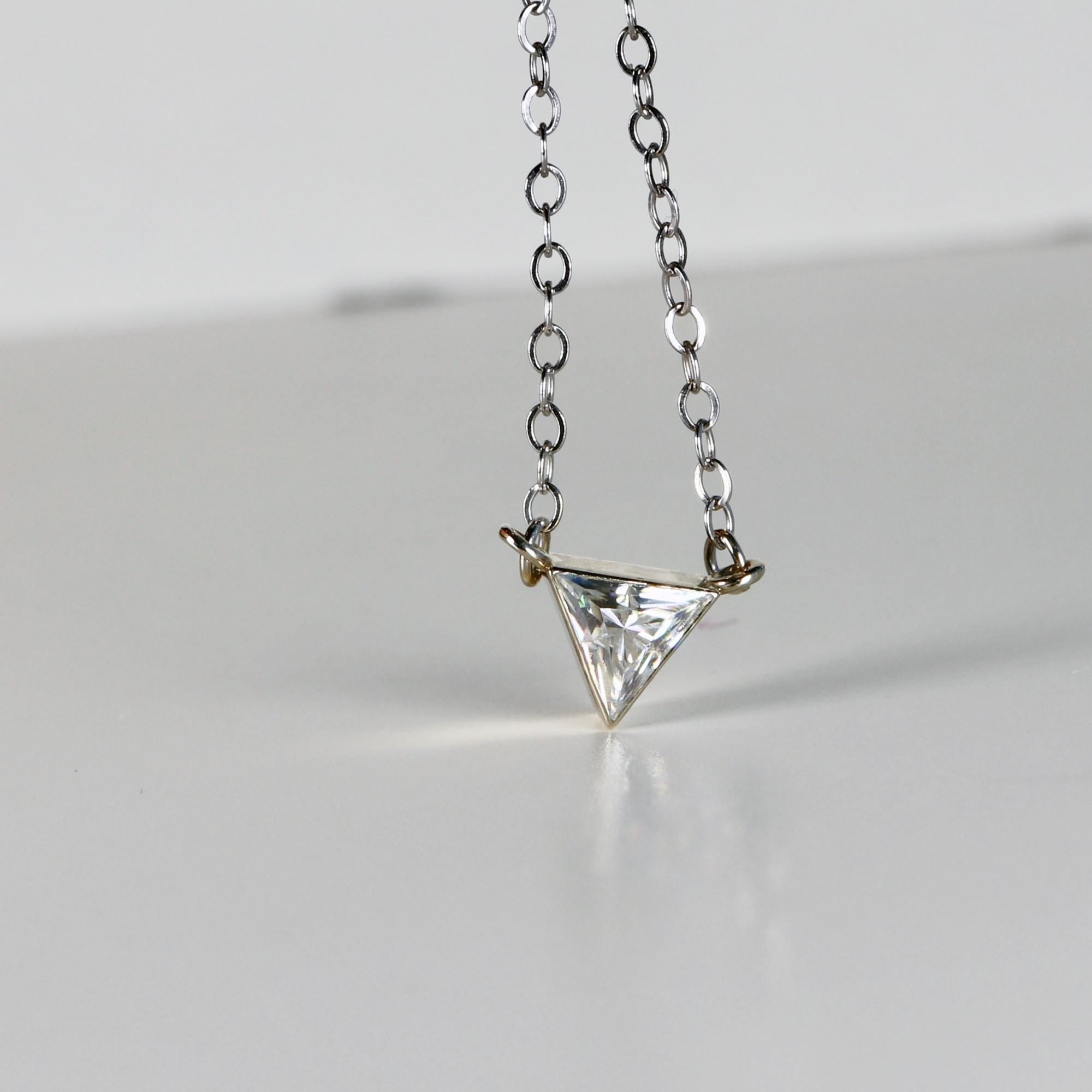 Triangle Moissanite Necklace 14k Solid White Gold, Bezel Setting Moissanite Necklace, Gift for New Mom, Bridal Jewelry