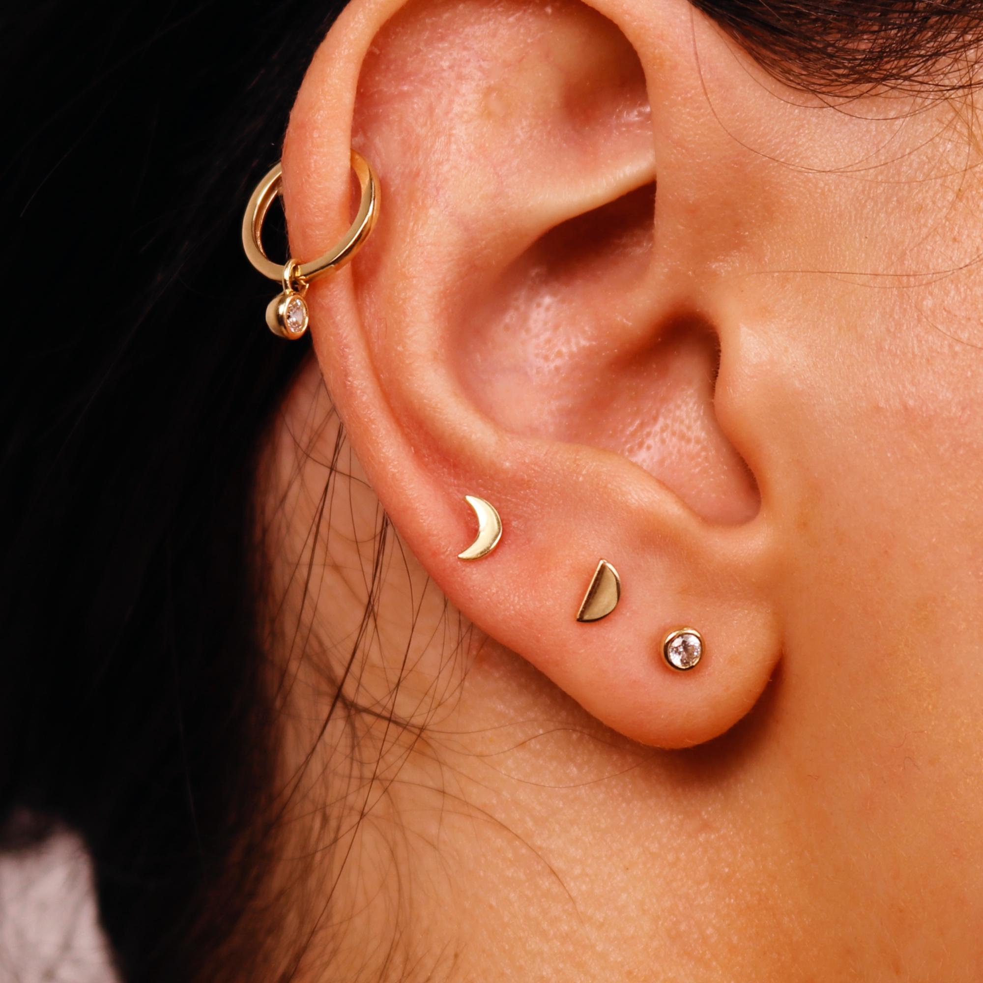 Moon Earrings 14k Solid Gold, Internally Threaded Flat Back Earrings, Tiny Moon Earrings Studs, Tragus Stud, Gift for Mom