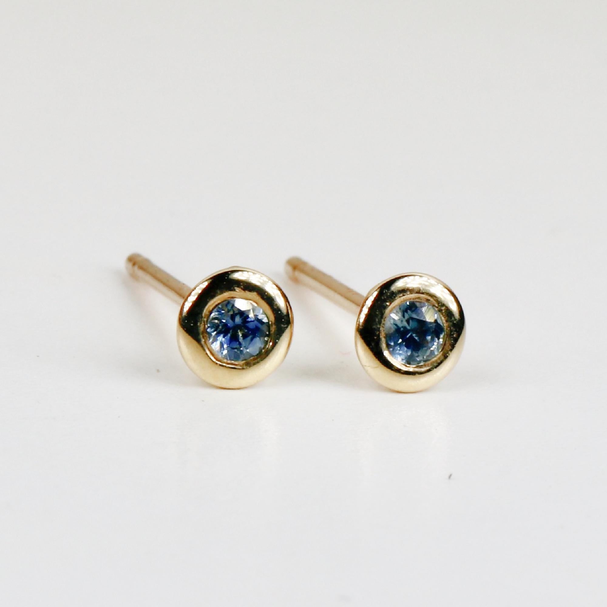Tiny Blue Montana Sapphire Martini Bezel Earrings 14k Gold, Second Hole Tiny Sapphire Bridal Stud Earrings, Gift for Wife, Birthday Gift