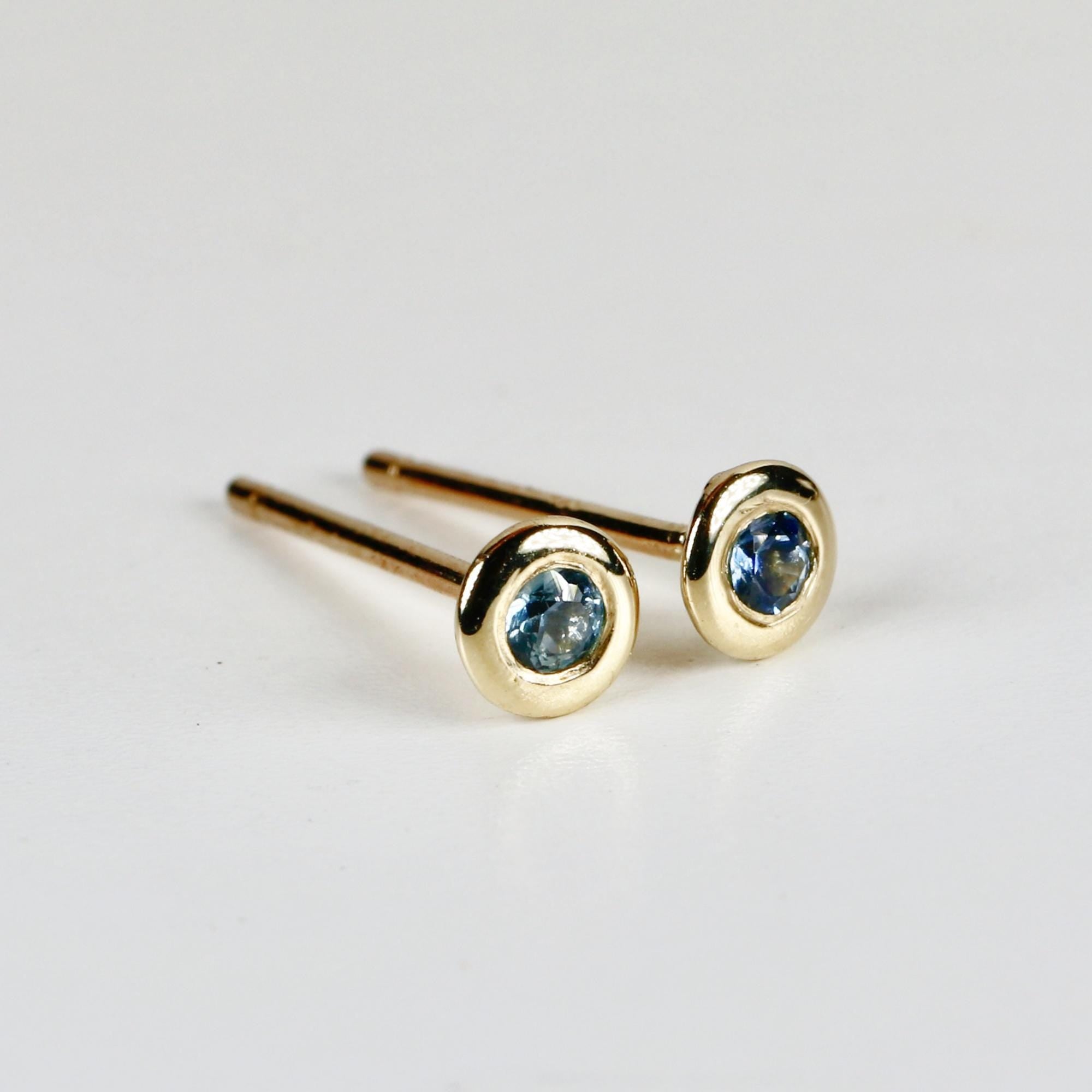 Tiny Blue Montana Sapphire Martini Bezel Earrings 14k Gold, Second Hole Tiny Sapphire Bridal Stud Earrings, Gift for Wife, Birthday Gift