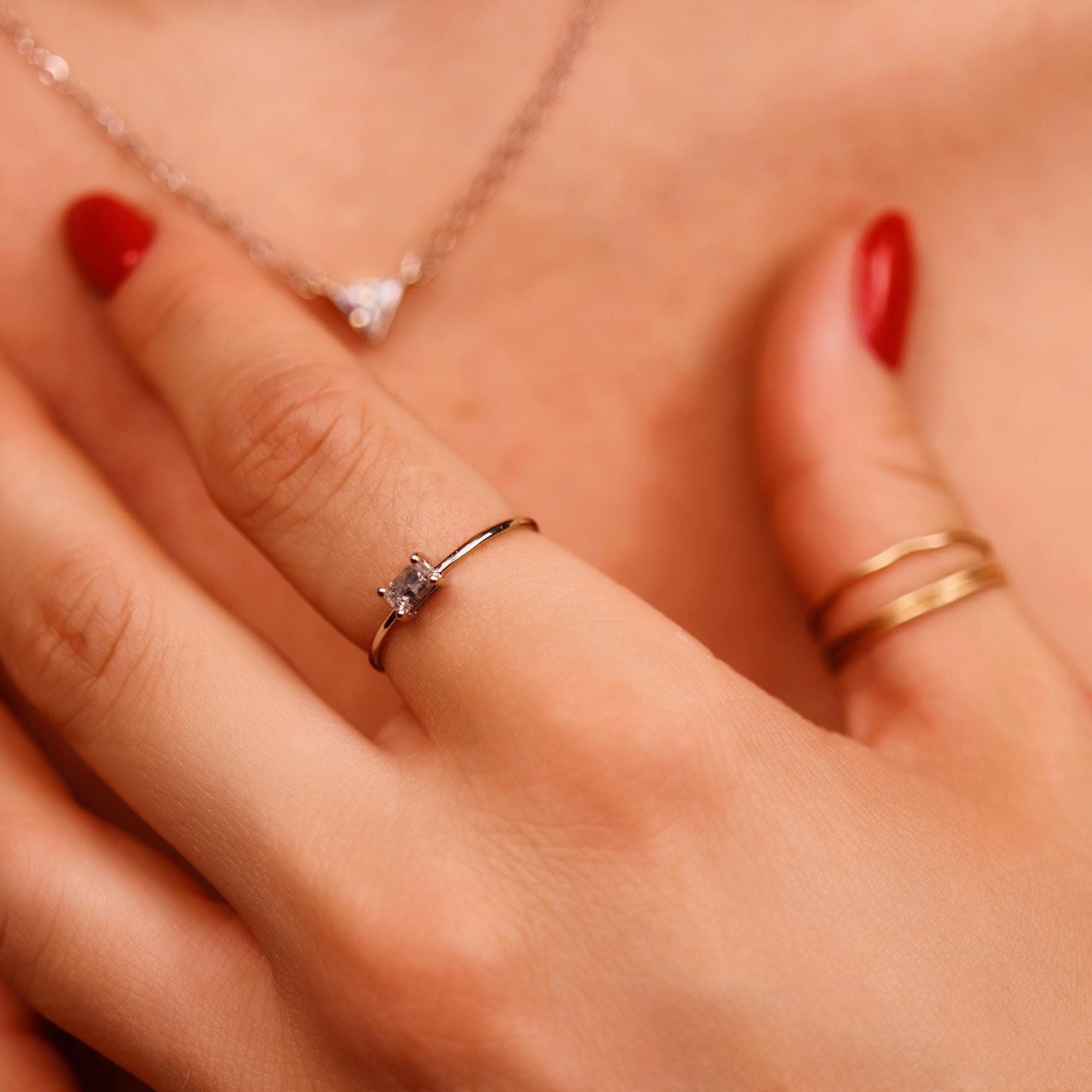 Salt and Pepper Diamond Ring 14k Gold, Handmade Promise Ring, Art Deco Baguette Diamond Minimalist Engagement Ring