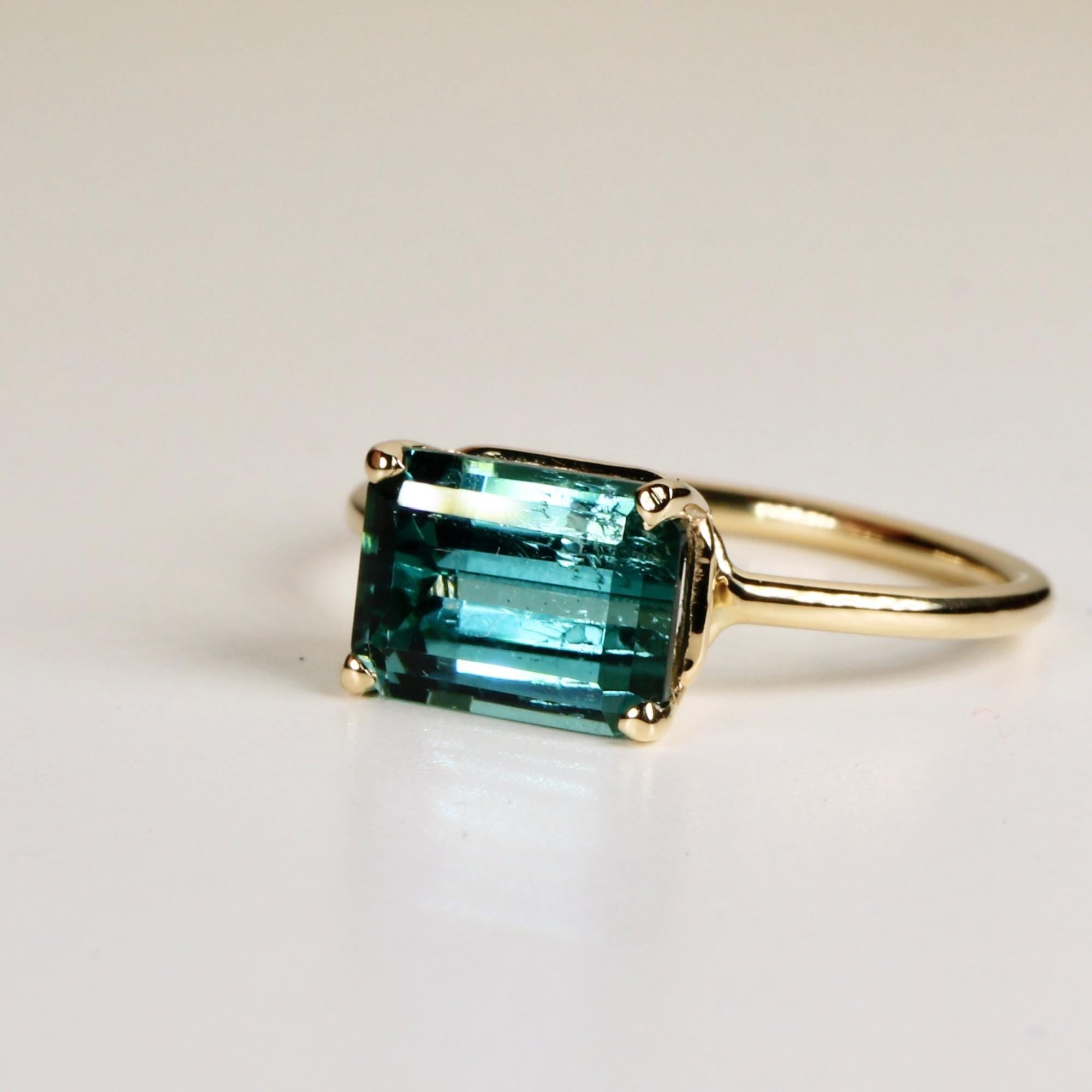 Green Tourmaline Ring 14k Gold, Emerald Cut East West Solitaire, Gemstone Statement Ring, Anniversary or Luxury Gift for Her