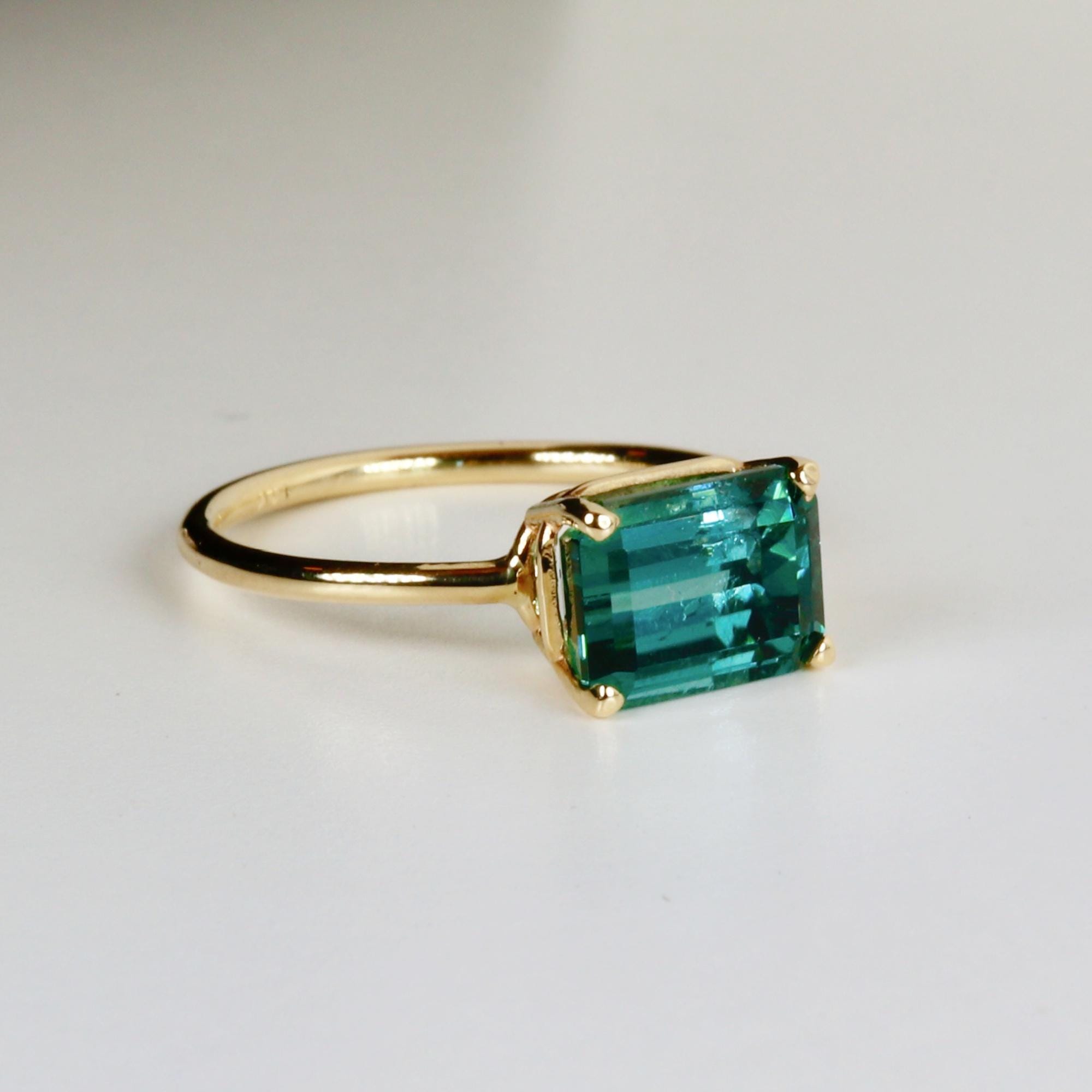 Green Tourmaline Ring 14k Gold, Emerald Cut East West Solitaire, Gemstone Statement Ring, Anniversary or Luxury Gift for Her