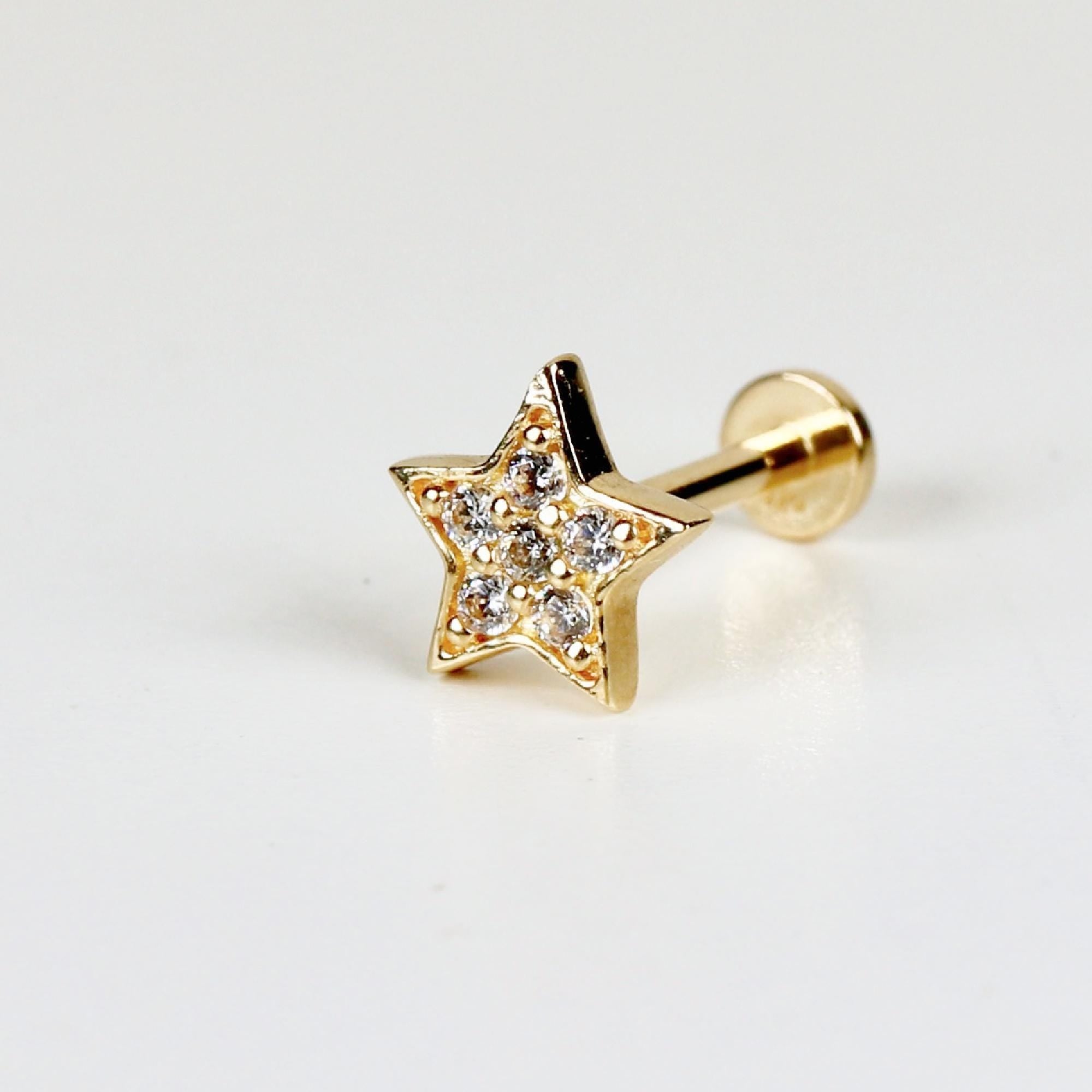 Cz Star Earring 14k Solid Gold, Internally Threaded Flat Back Earring - Melt'm Jewelry