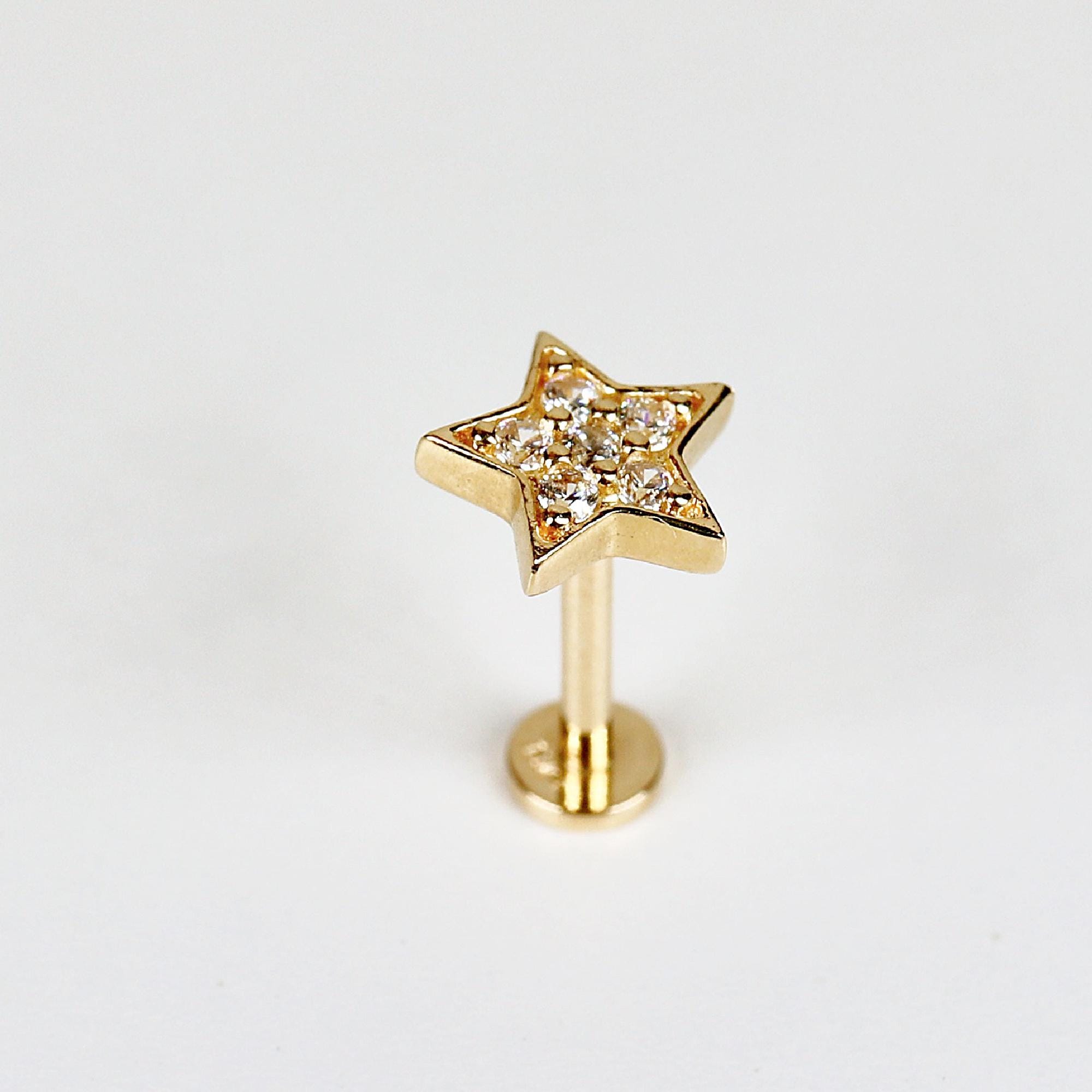 Cz Star Earring 14k Solid Gold, Internally Threaded Flat Back Earring - Melt'm Jewelry