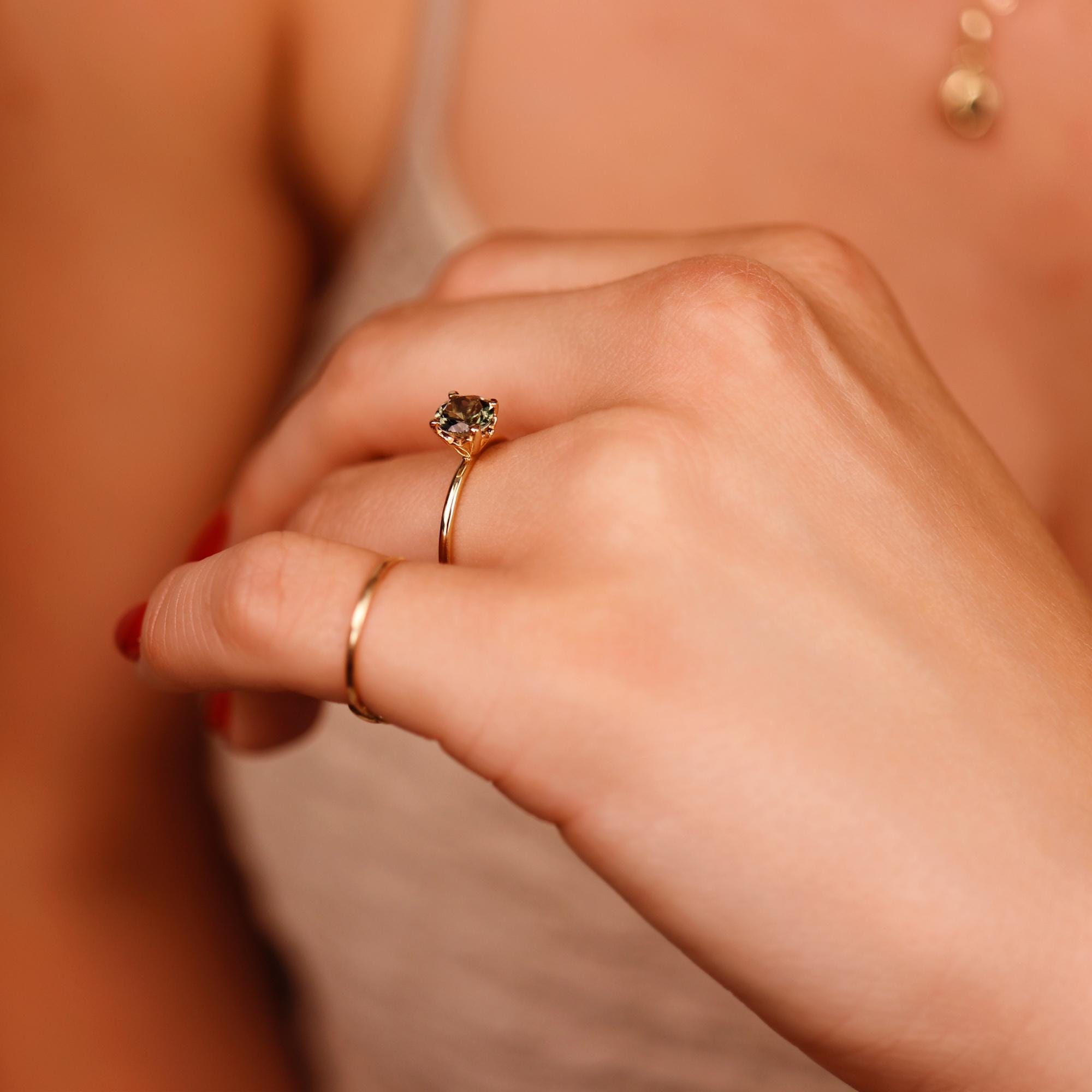 Olive Green Tourmaline Engagement Ring – Round Cut Gemstone in Tulip Setting, 14k Solid Gold, Unique Anniversary or Bridal Ring