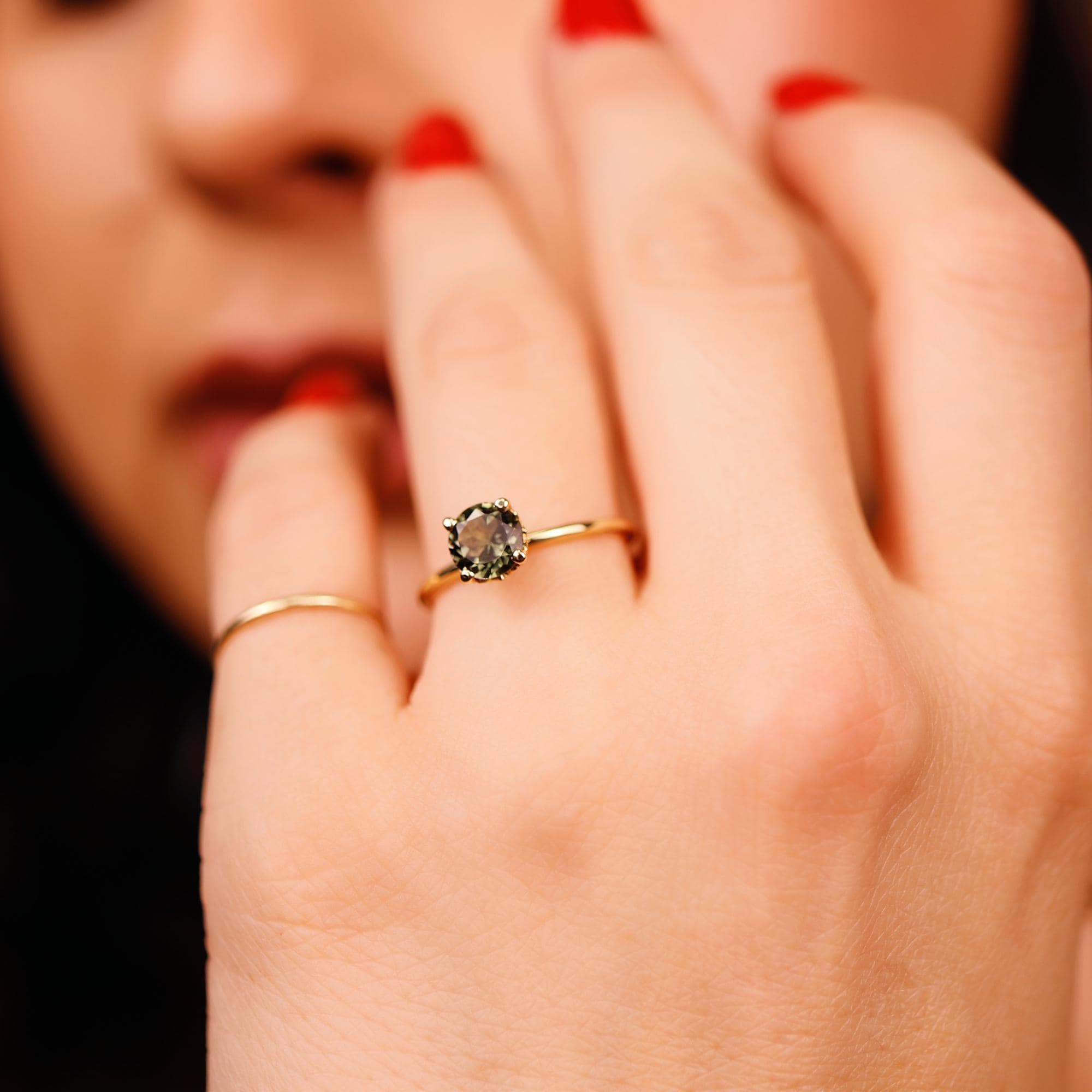 Olive Green Tourmaline Engagement Ring – Round Cut Gemstone in Tulip Setting, 14k Solid Gold, Unique Anniversary or Bridal Ring