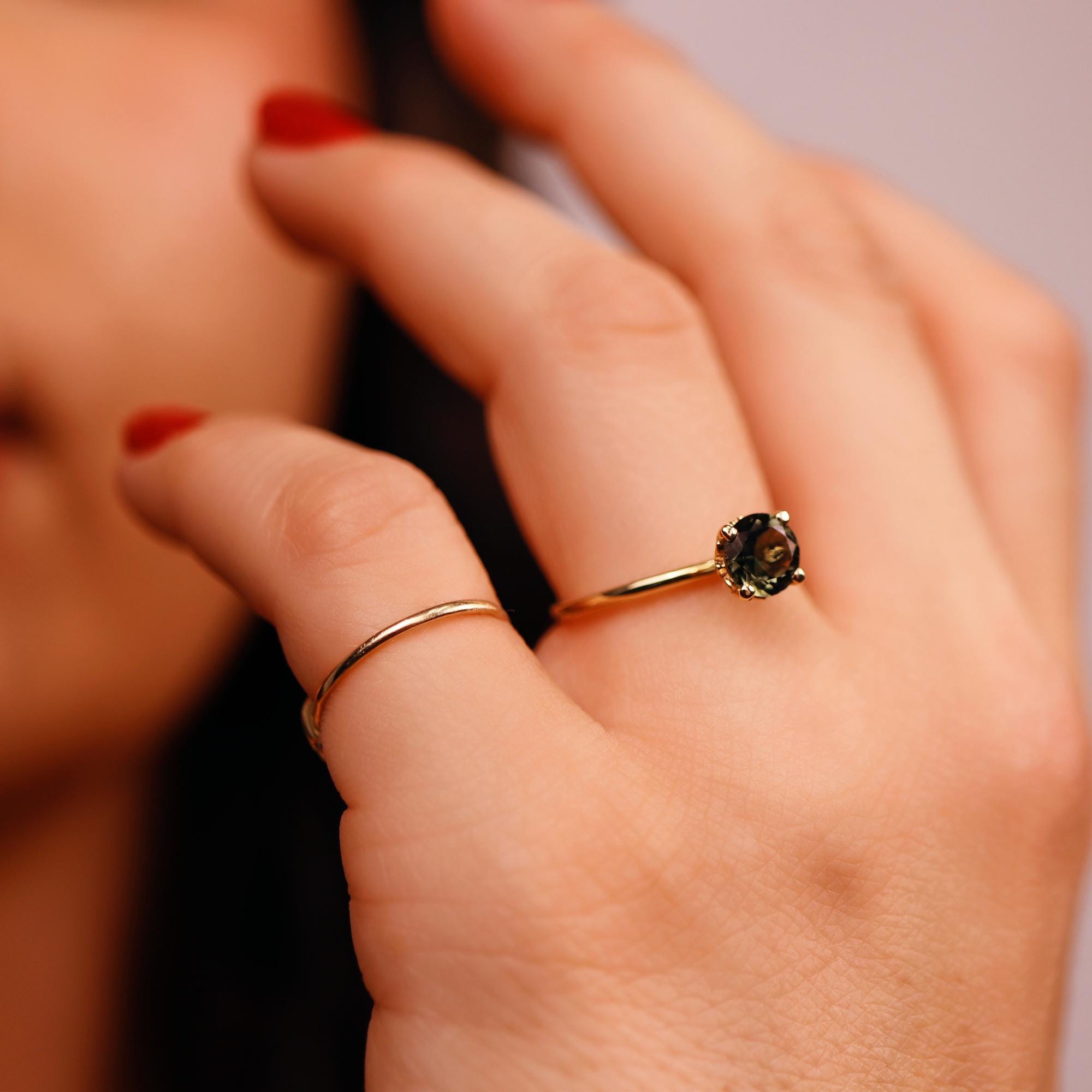 Olive Green Tourmaline Engagement Ring – Round Cut Gemstone in Tulip Setting, 14k Solid Gold, Unique Anniversary or Bridal Ring
