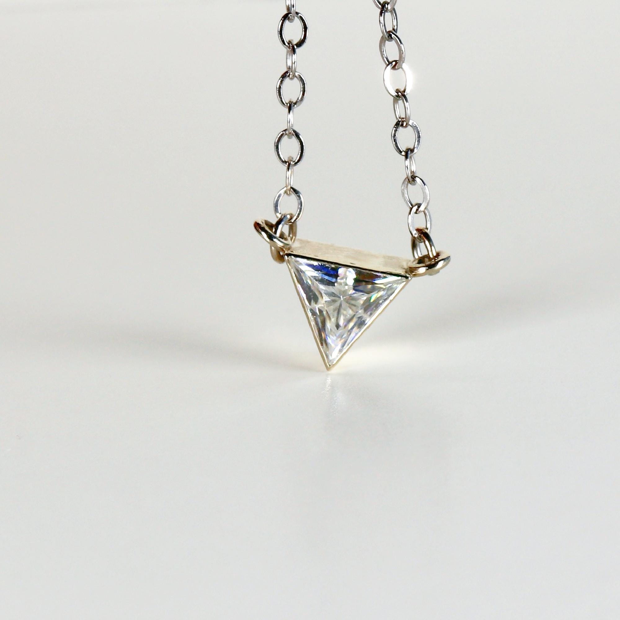 Triangle Moissanite Necklace 14k Solid White Gold, Bezel Setting Moissanite Necklace, Gift for New Mom, Bridal Jewelry