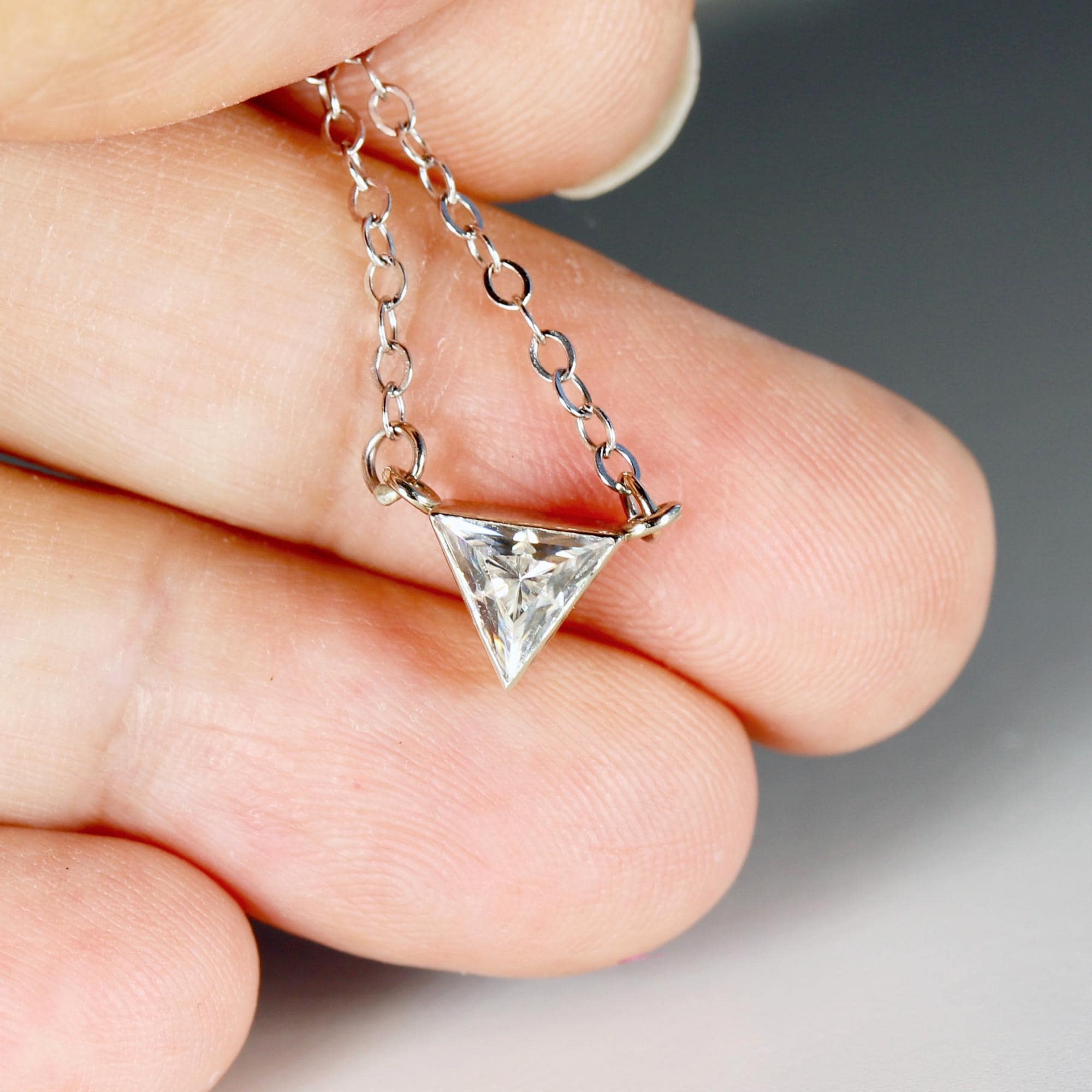Triangle Moissanite Necklace 14k Solid White Gold, Bezel Setting Moissanite Necklace, Gift for New Mom, Bridal Jewelry