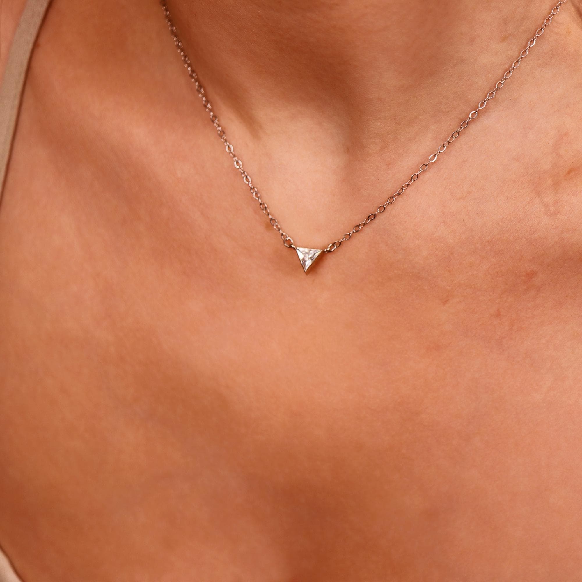 Triangle Moissanite Necklace 14k Solid White Gold, Bezel Setting Moissanite Necklace, Gift for New Mom, Bridal Jewelry