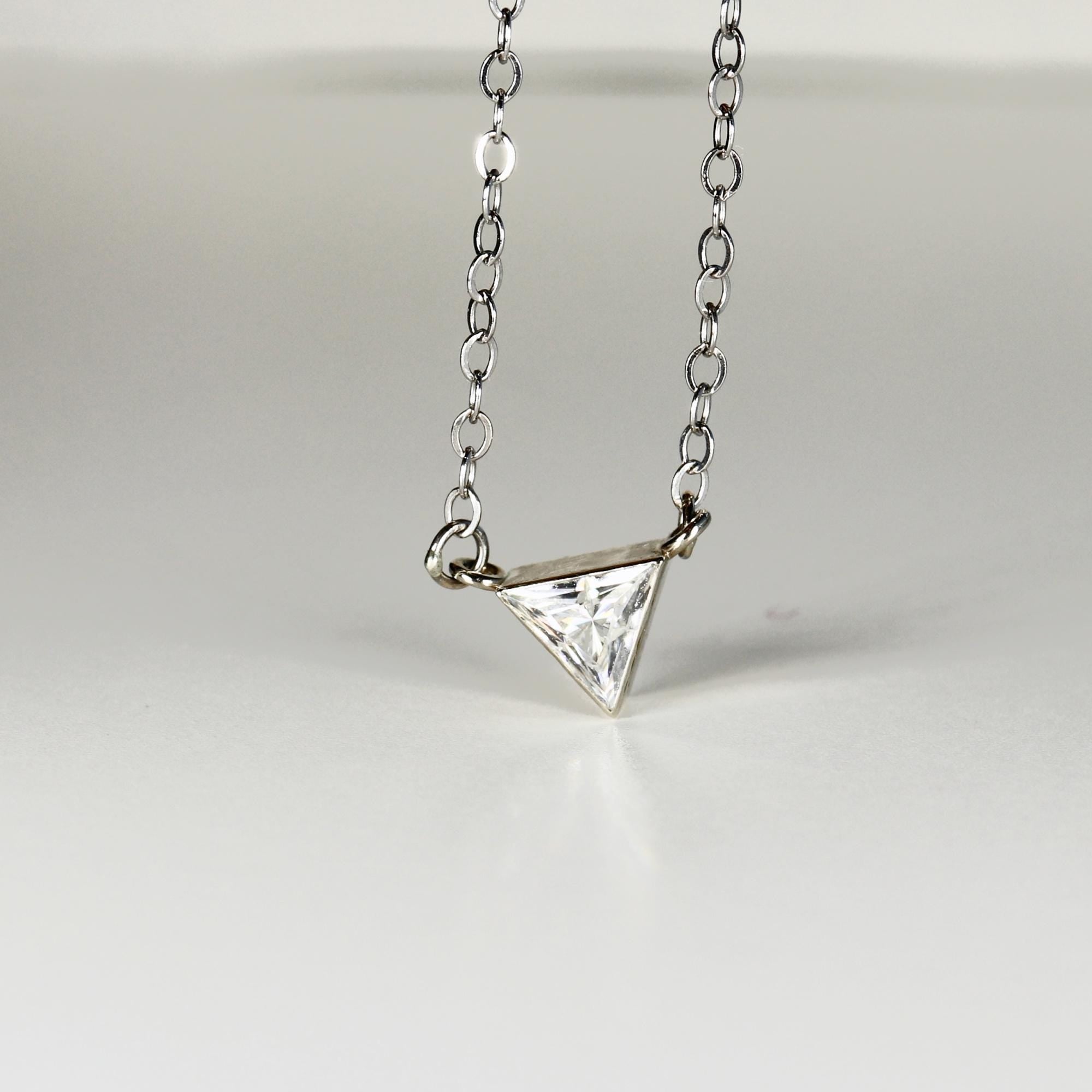 Triangle Moissanite Necklace 14k Solid White Gold, Bezel Setting Moissanite Necklace, Gift for New Mom, Bridal Jewelry