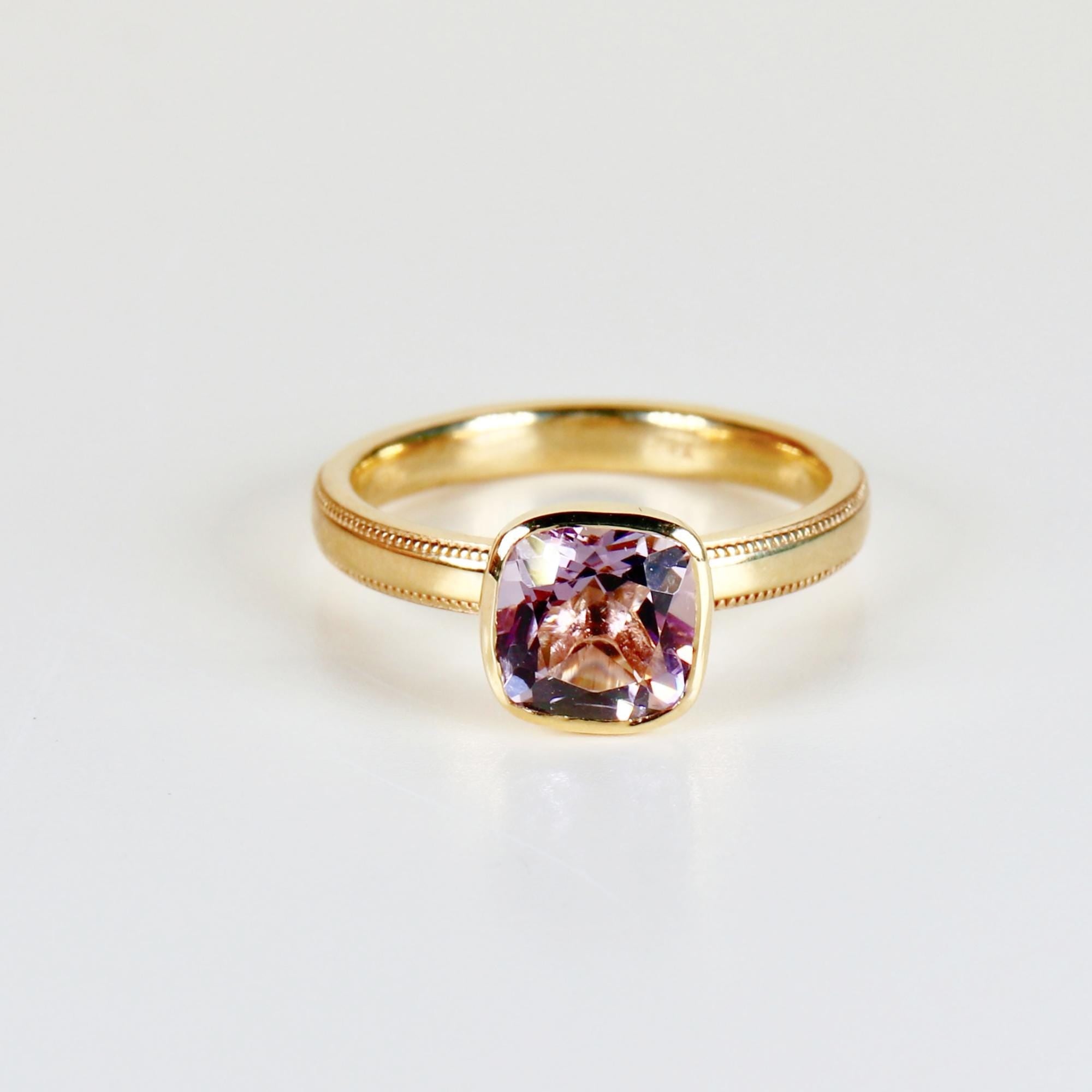 Cushion Cut Rose de France Amethyst Ring 10k Gold, Bezel Set Solitaire Engagement Ring - Melt'm Jewelry