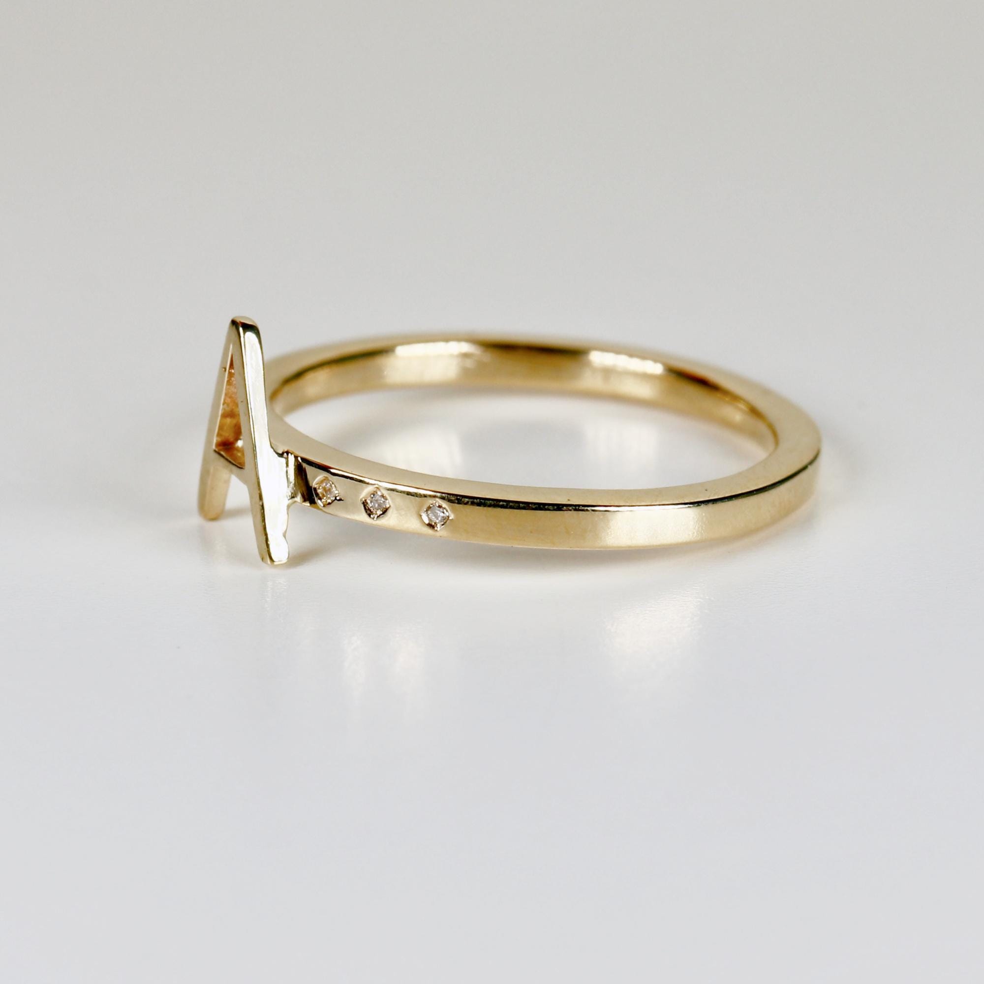 14k Gold Initial Ring with Diamonds, Modern Square Band Ring, Personalized Gold Ring with 6 Scattered Diamonds, Custom Gift for Her