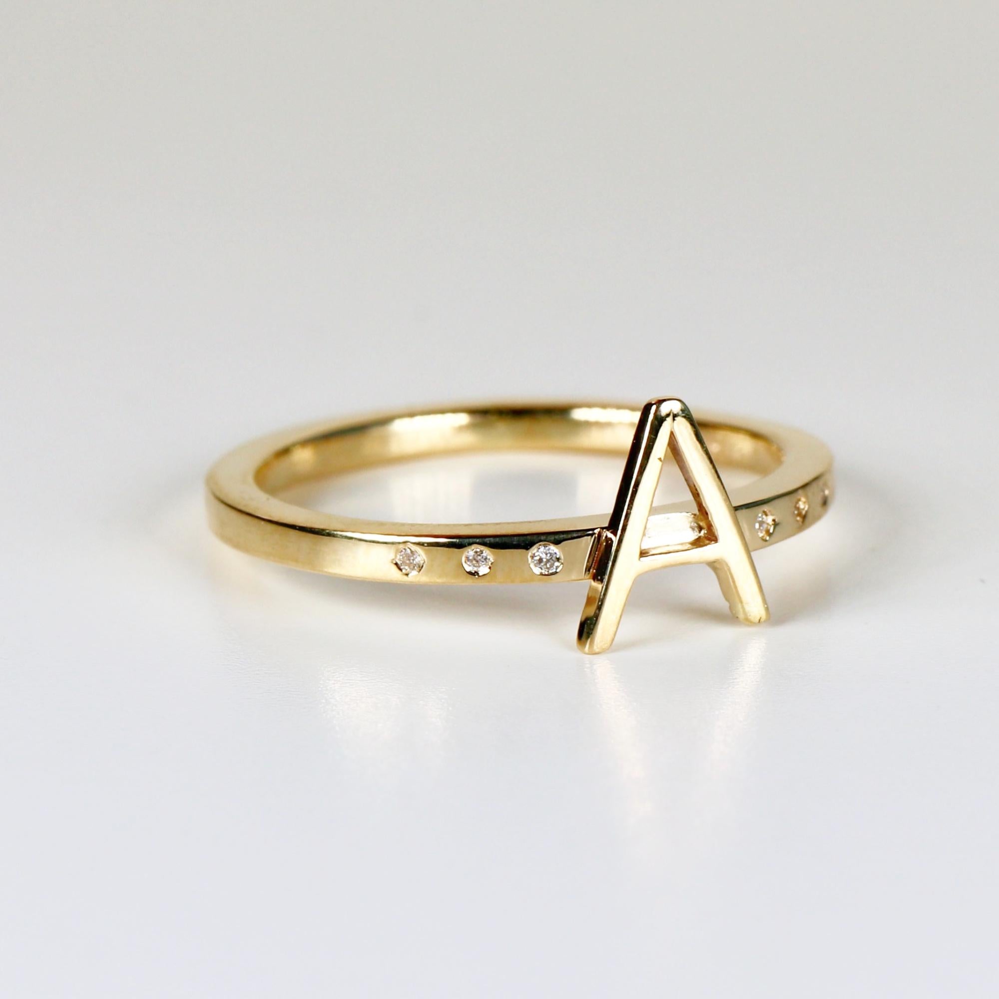 14k Gold Initial Ring with Diamonds, Modern Square Band Ring, Personalized Gold Ring with 6 Scattered Diamonds, Custom Gift for Her