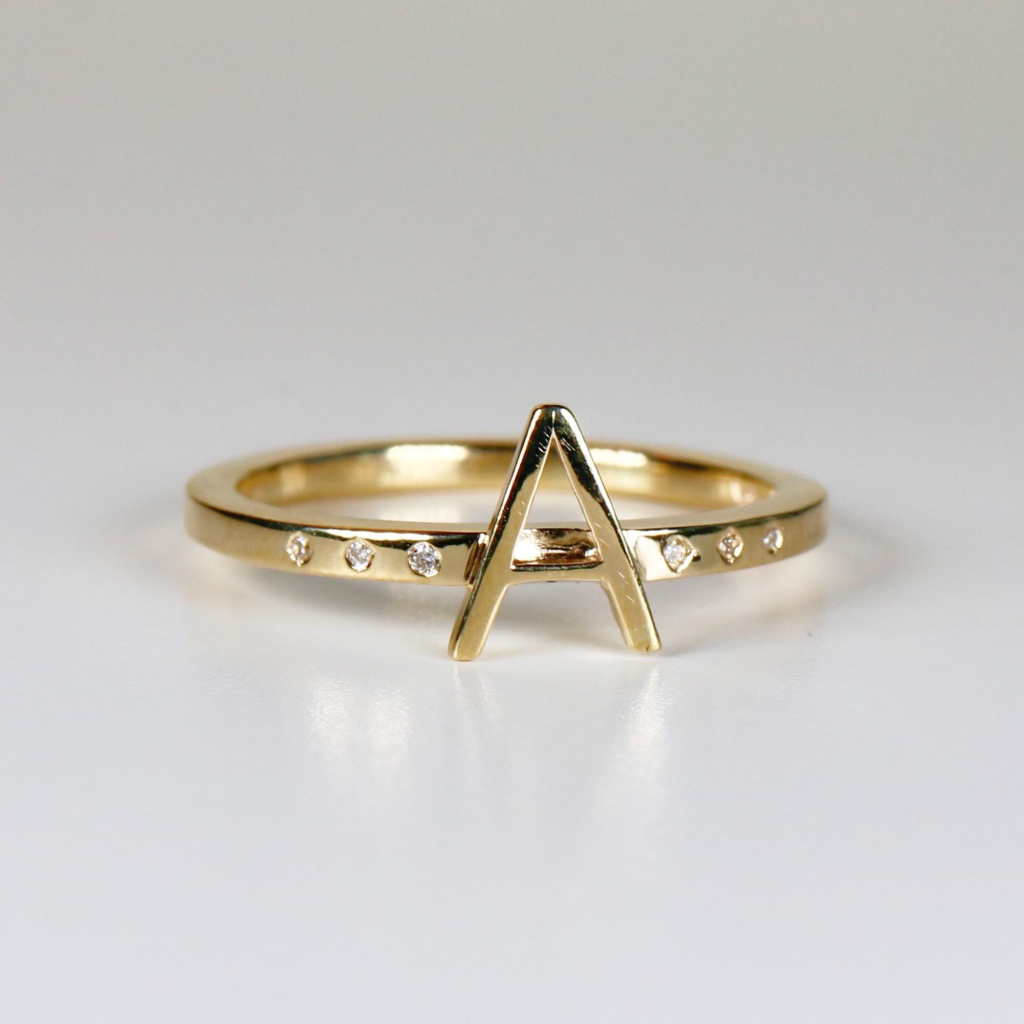 14k Gold Initial Ring with Diamonds, Modern Square Band Ring, Personalized Gold Ring with 6 Scattered Diamonds, Custom Gift for Her