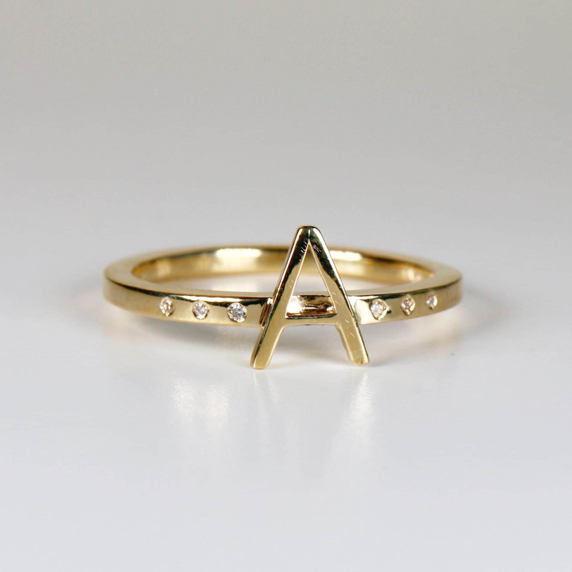 14k Gold Diamond Initial Ring, Personalized Square Band Monogram Ring - Melt'm Jewelry