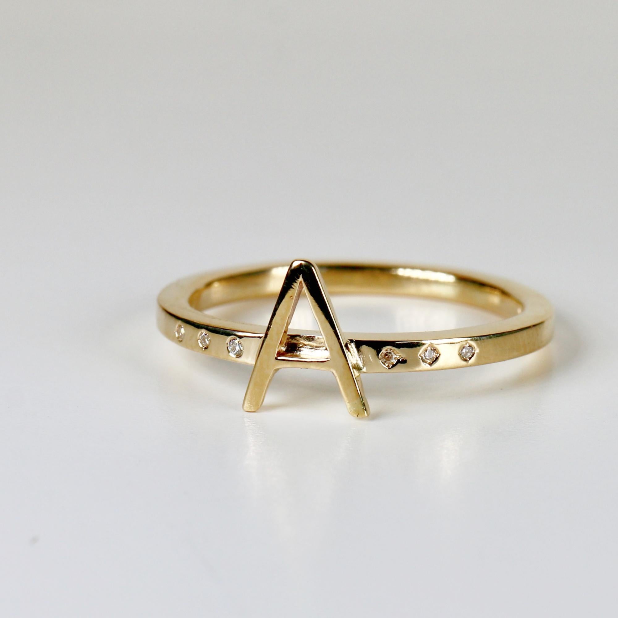 14k Gold Initial Ring with Diamonds, Modern Square Band Ring, Personalized Gold Ring with 6 Scattered Diamonds, Custom Gift for Her
