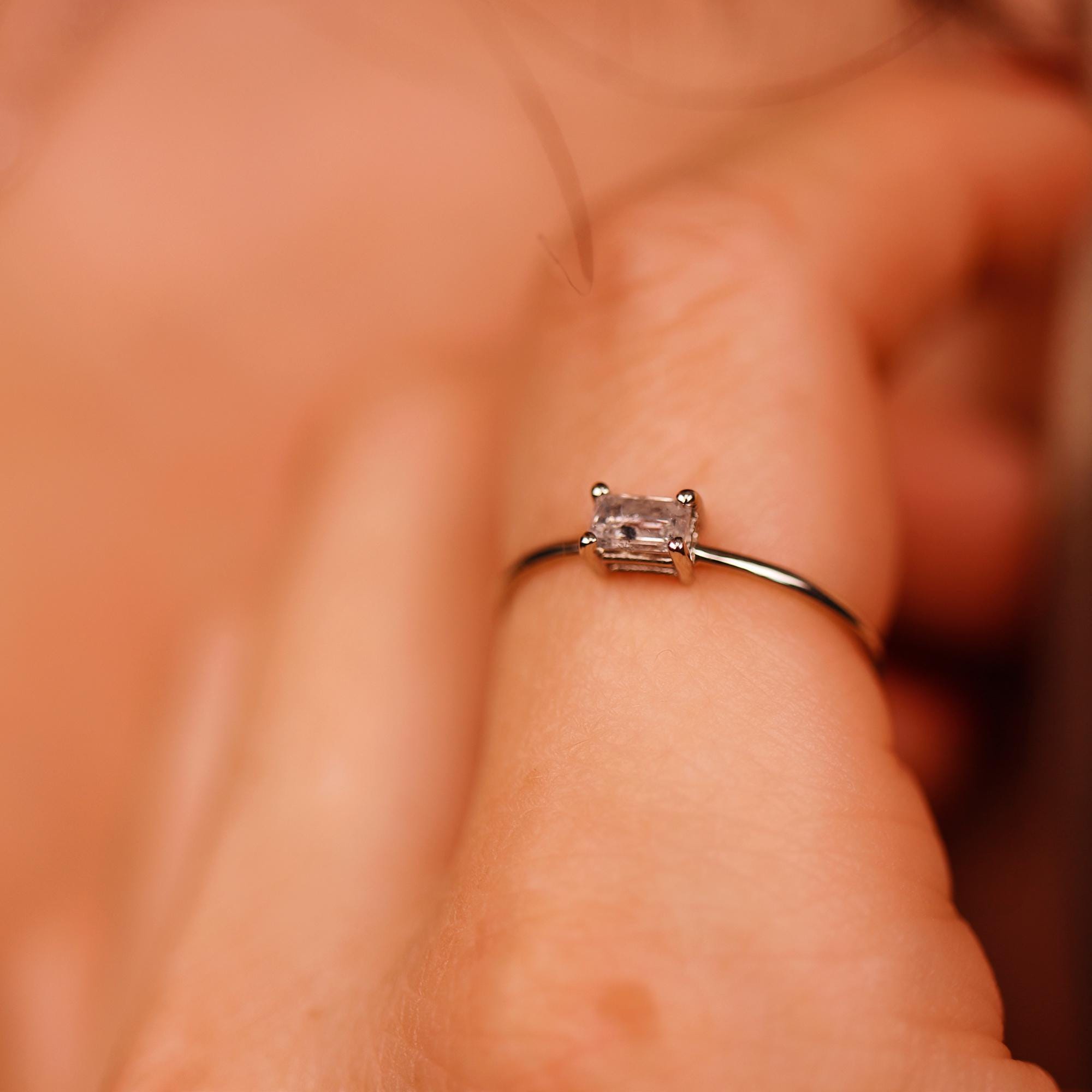 Salt and Pepper Diamond Ring 14k Gold, Handmade Promise Ring, Art Deco Baguette Diamond Minimalist Engagement Ring