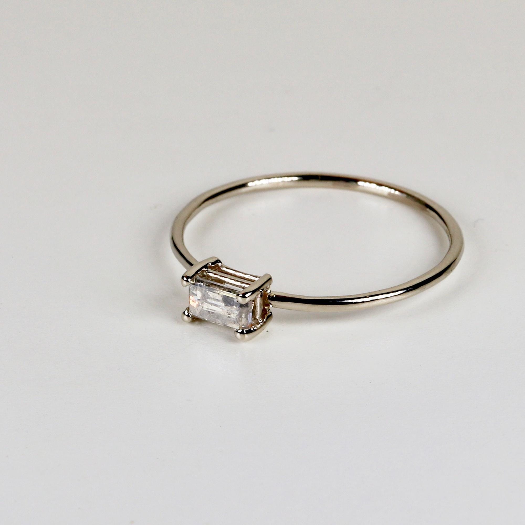 Salt and Pepper Diamond Ring 14k Gold, Handmade Promise Ring, Art Deco Baguette Diamond Minimalist Engagement Ring
