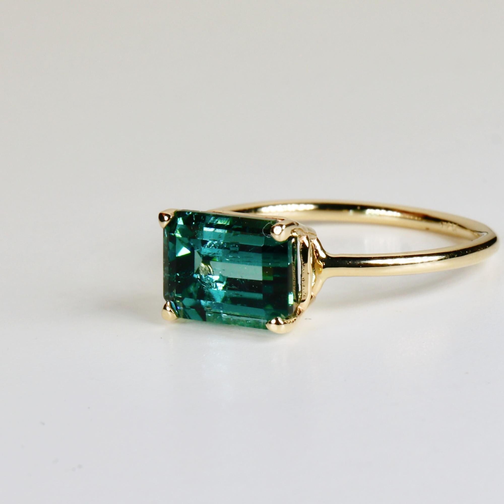 Green Tourmaline Ring 14k Gold, Emerald Cut East West Solitaire, Gemstone Statement Ring, Anniversary or Luxury Gift for Her