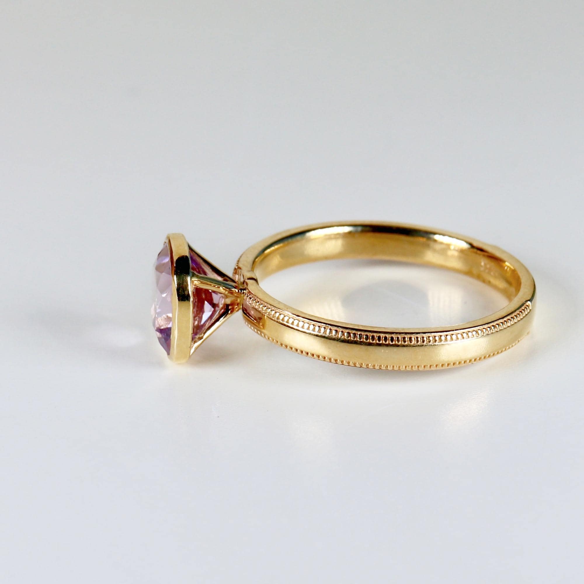 Cushion Cut Rose de France Amethyst Ring 10k Gold, Bezel Set Solitaire Engagement Ring - Melt'm Jewelry