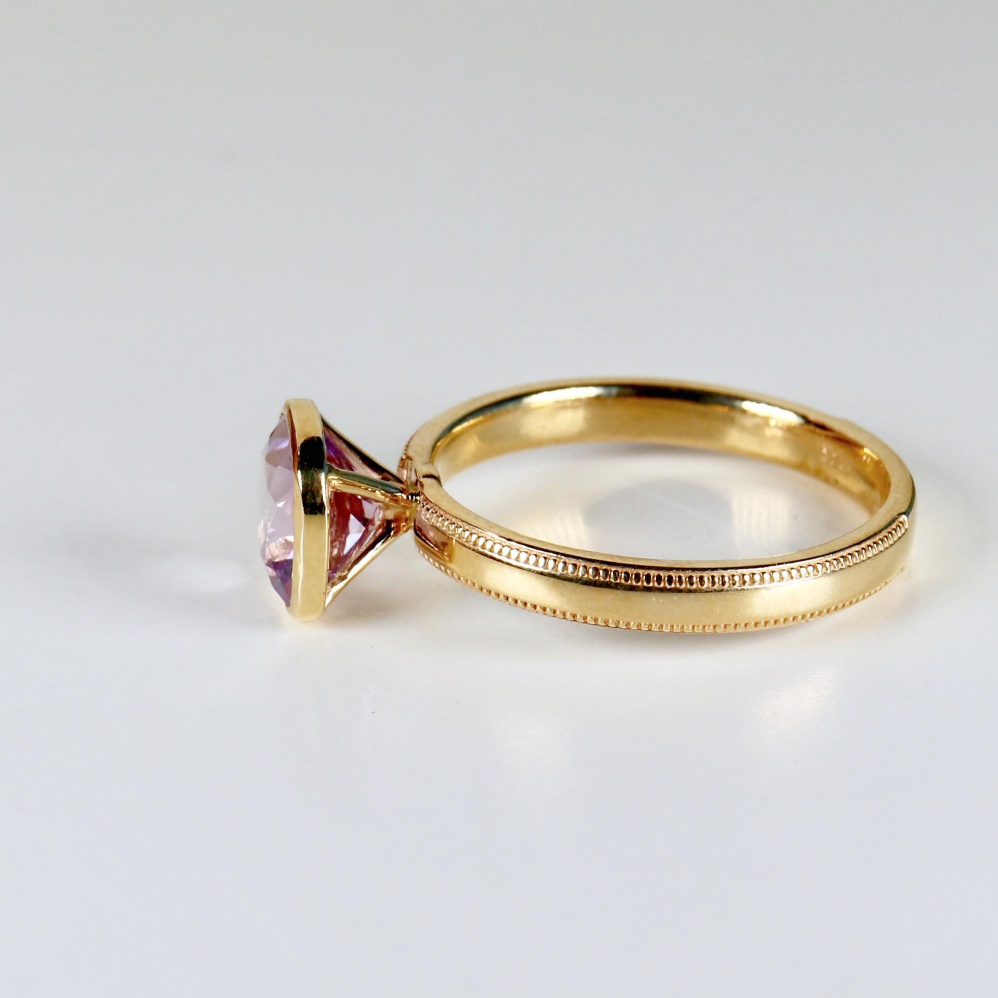 Cushion Cut Rose de France Amethyst Ring 10k Gold, Bezel Set Solitaire Engagement Ring - Melt'm Jewelry