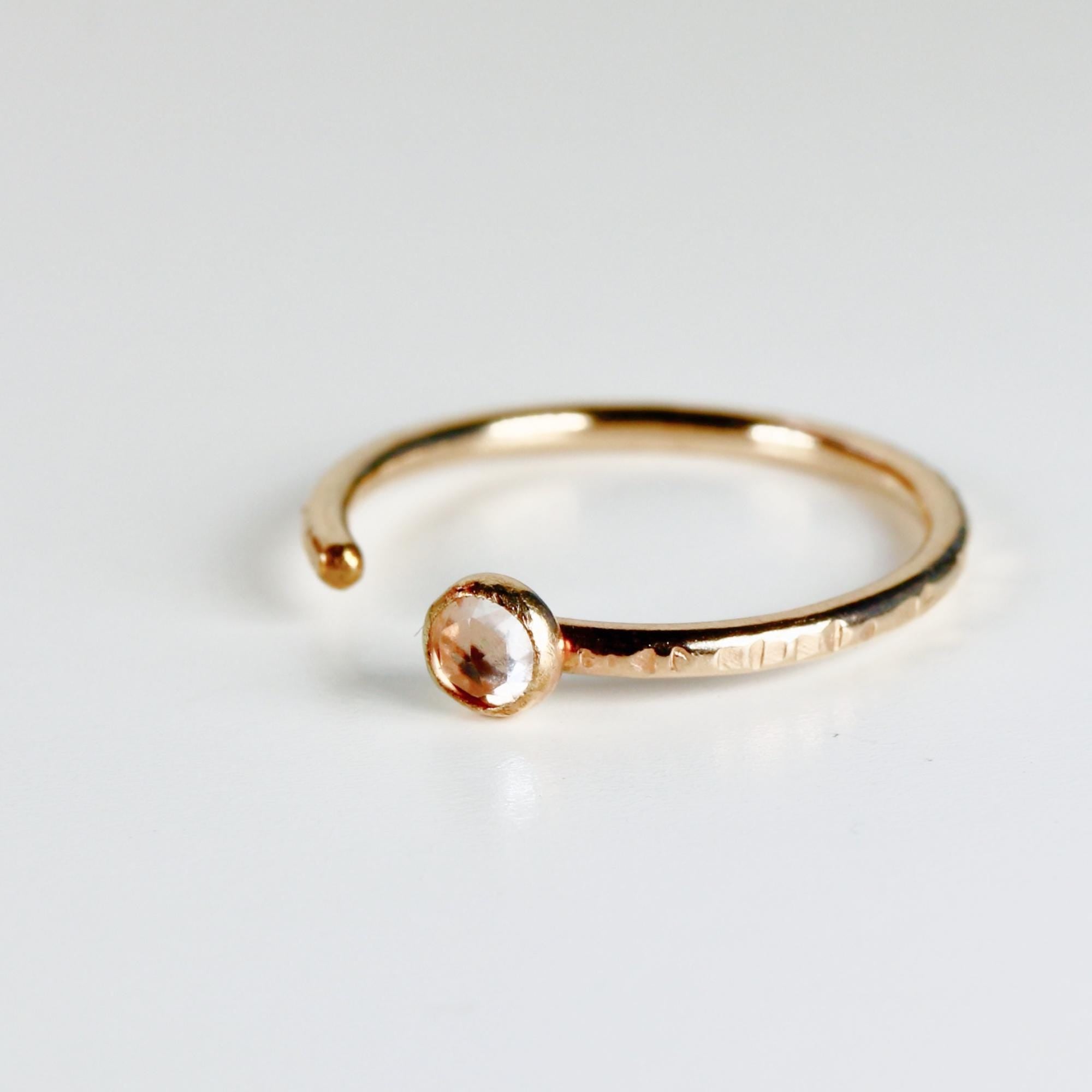 Gold filled open ring with a 3mm bezel-set gemstone, shown on a white background as a minimalist pinky promise ring for bridesmaids.