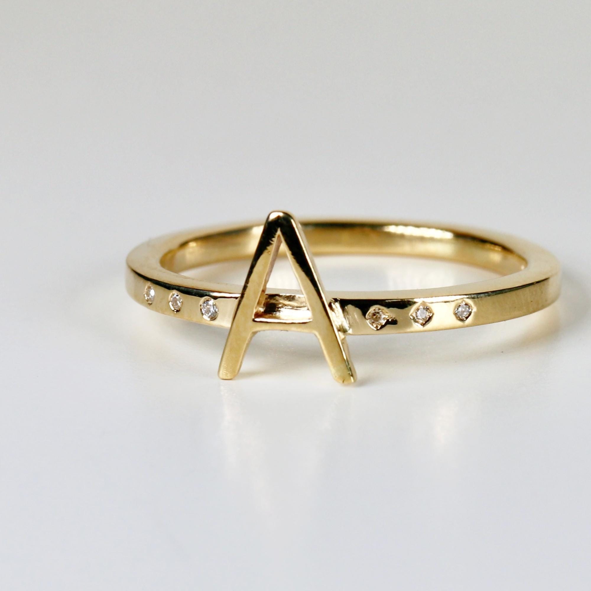 14k Gold Diamond Initial Ring, Personalized Square Band Monogram Ring - Melt'm Jewelry