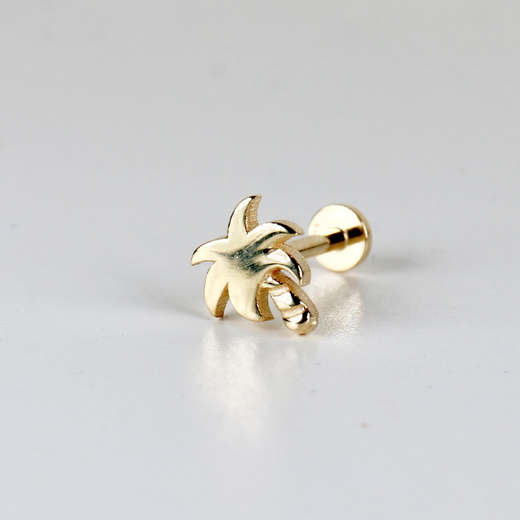 Tiny Palm Tree Flat Back Earrings (5 mm) 14k Solid Gold - Melt'm Jewelry