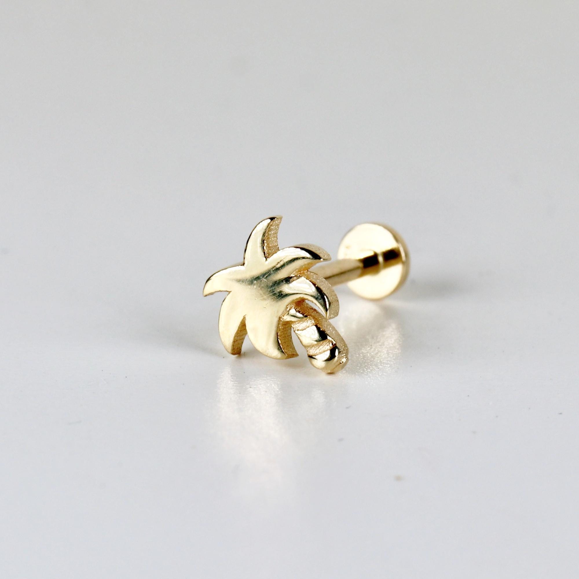 Tiny Palm Tree Flat Back Earrings (5 mm) 14k Solid Gold - Melt'm Jewelry