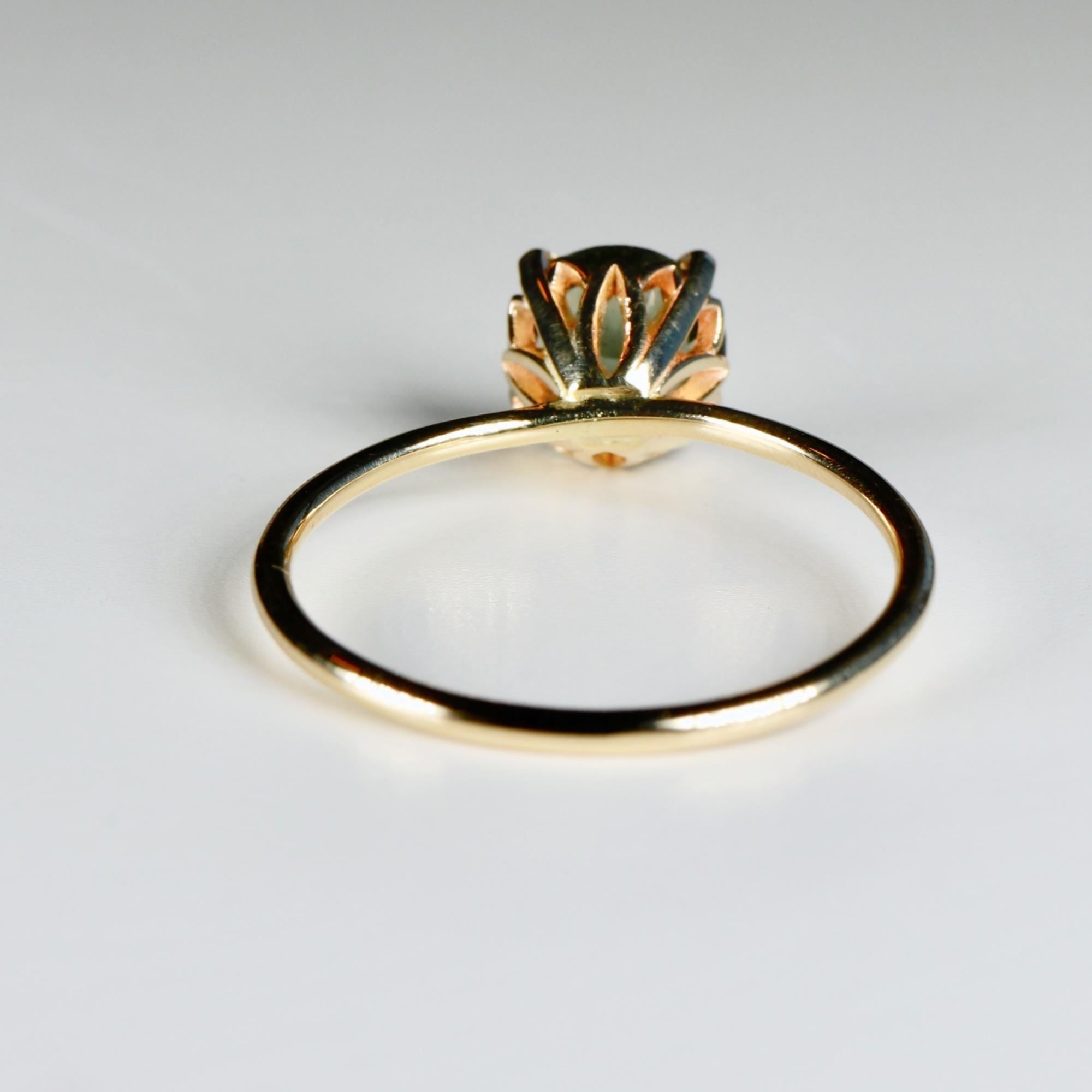 Olive Green Tourmaline Engagement Ring – Round Cut Gemstone in Tulip Setting, 14k Solid Gold, Unique Anniversary or Bridal Ring