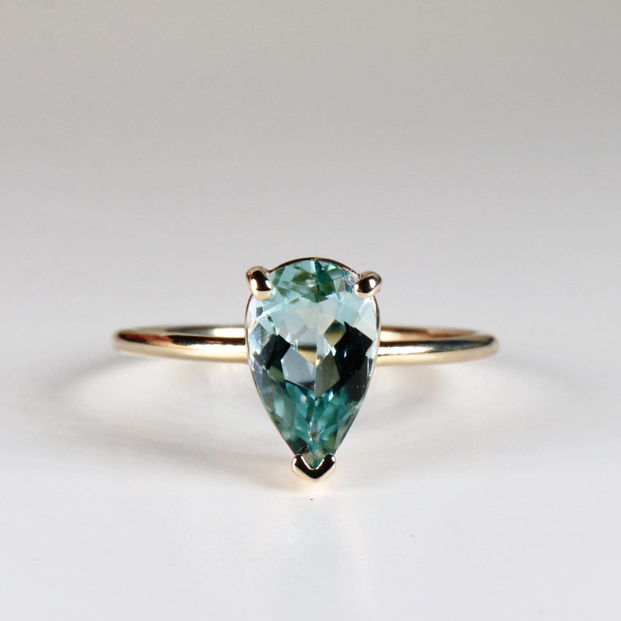 Pear Green Tourmaline Ring 14k Gold, Mint Teal Tourmaline Engagement Ring, Handmade Solitaire Statement Ring, Unique Gift for Wife