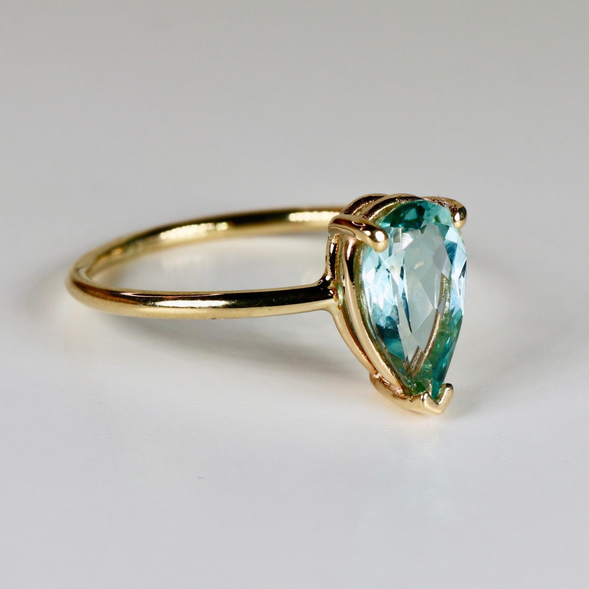 Pear Green Tourmaline Ring 14k Gold, Mint Teal Tourmaline Engagement Ring, Handmade Solitaire Statement Ring, Unique Gift for Wife