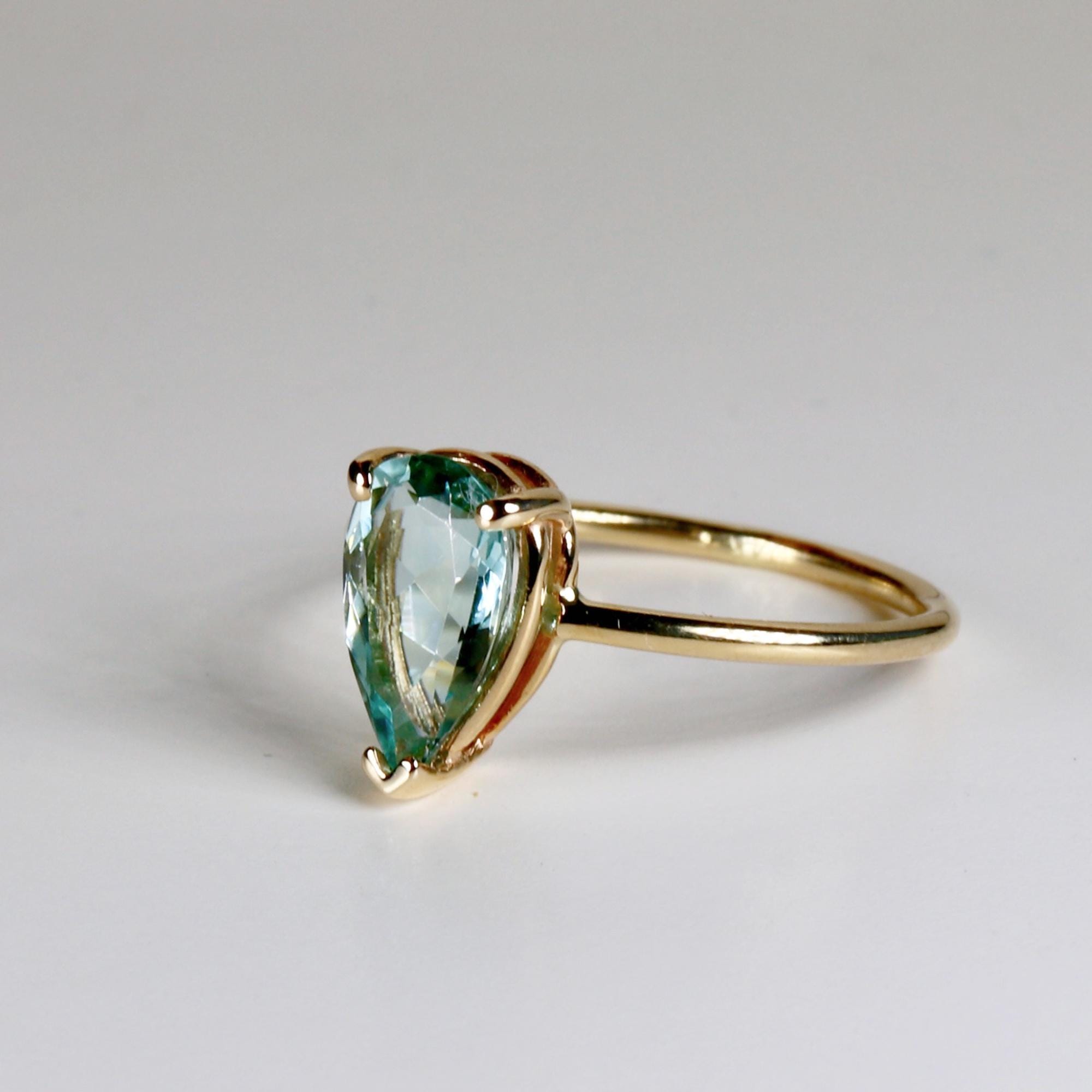 Pear Green Tourmaline Ring 14k Gold, Mint Teal Tourmaline Engagement Ring, Handmade Solitaire Statement Ring, Unique Gift for Wife
