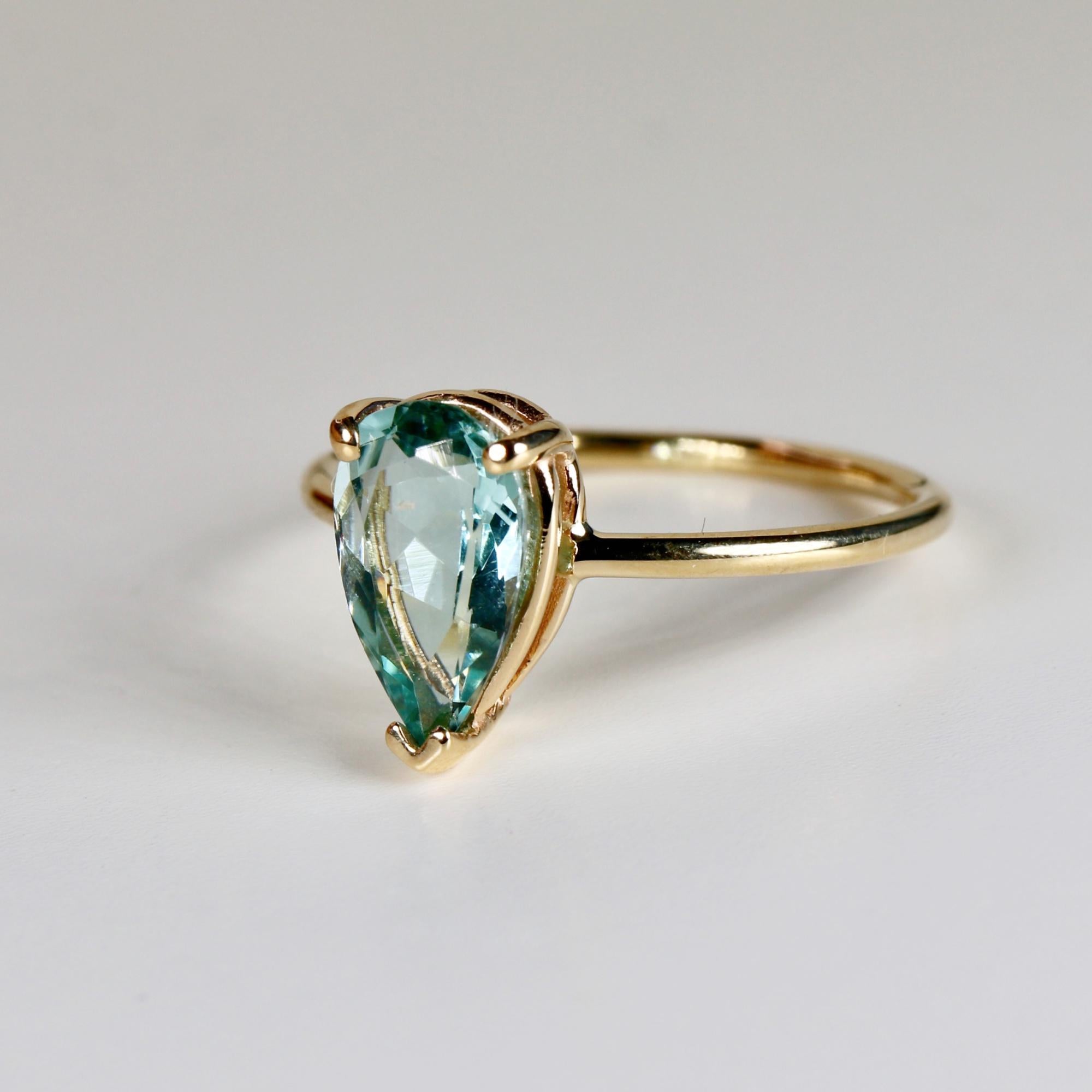 Pear Green Tourmaline Ring 14k Gold, Mint Teal Tourmaline Engagement Ring, Handmade Solitaire Statement Ring, Unique Gift for Wife