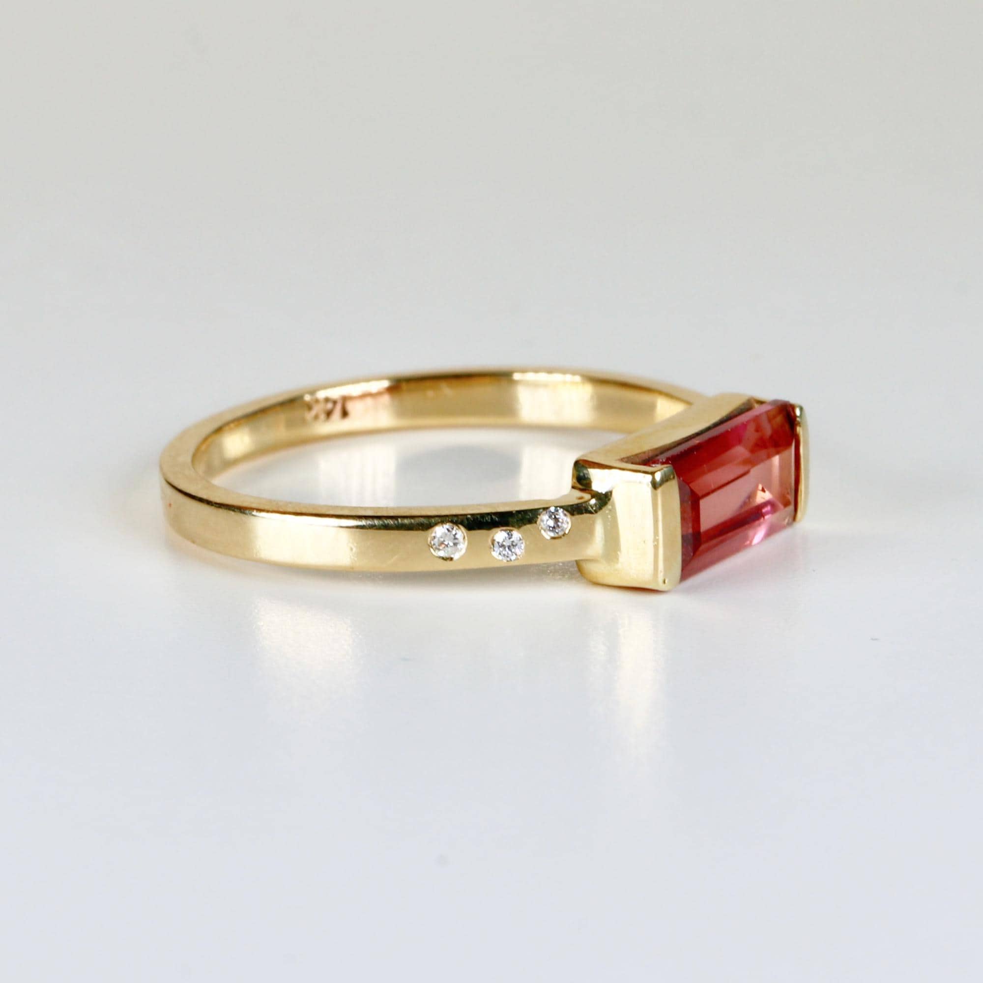 Baguette Pink Tourmaline Ring 14k Gold, October Birthstone Ring, Tourmaline Engagement Ring, Art Deco Diamond Band, Gift for Her
