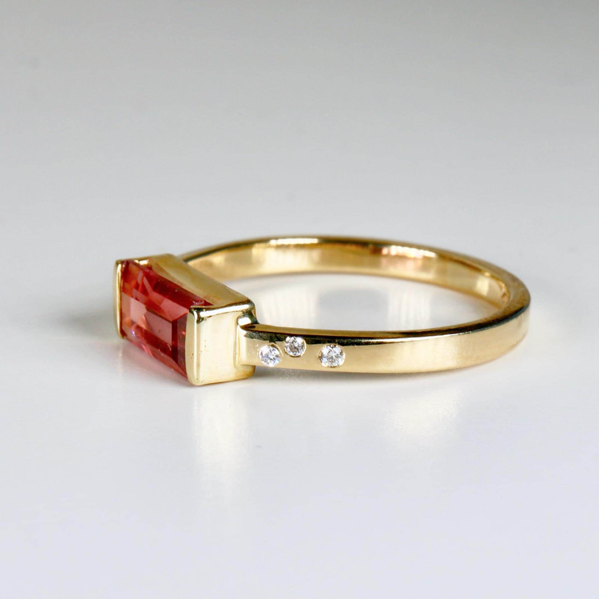 Baguette Pink Tourmaline Ring 14k Gold, October Birthstone Ring, Tourmaline Engagement Ring, Art Deco Diamond Band, Gift for Her