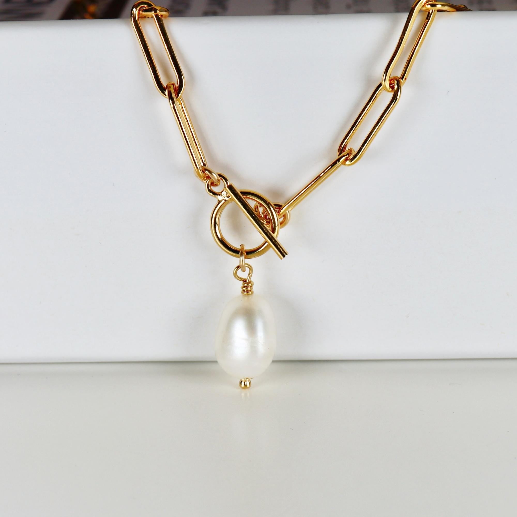 Baroque Pearl Toggle Necklace, Gold Filled Freshwater Pearl Pendant, Chunky Paperclip Chain, Bridal Jewelry, Gift for Her