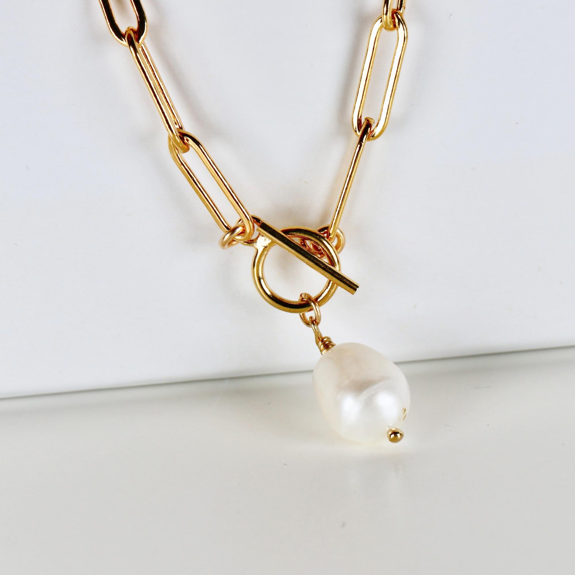 Baroque Pearl Toggle Necklace, Gold Filled Freshwater Pearl Pendant, Chunky Paperclip Chain, Bridal Jewelry, Gift for Her