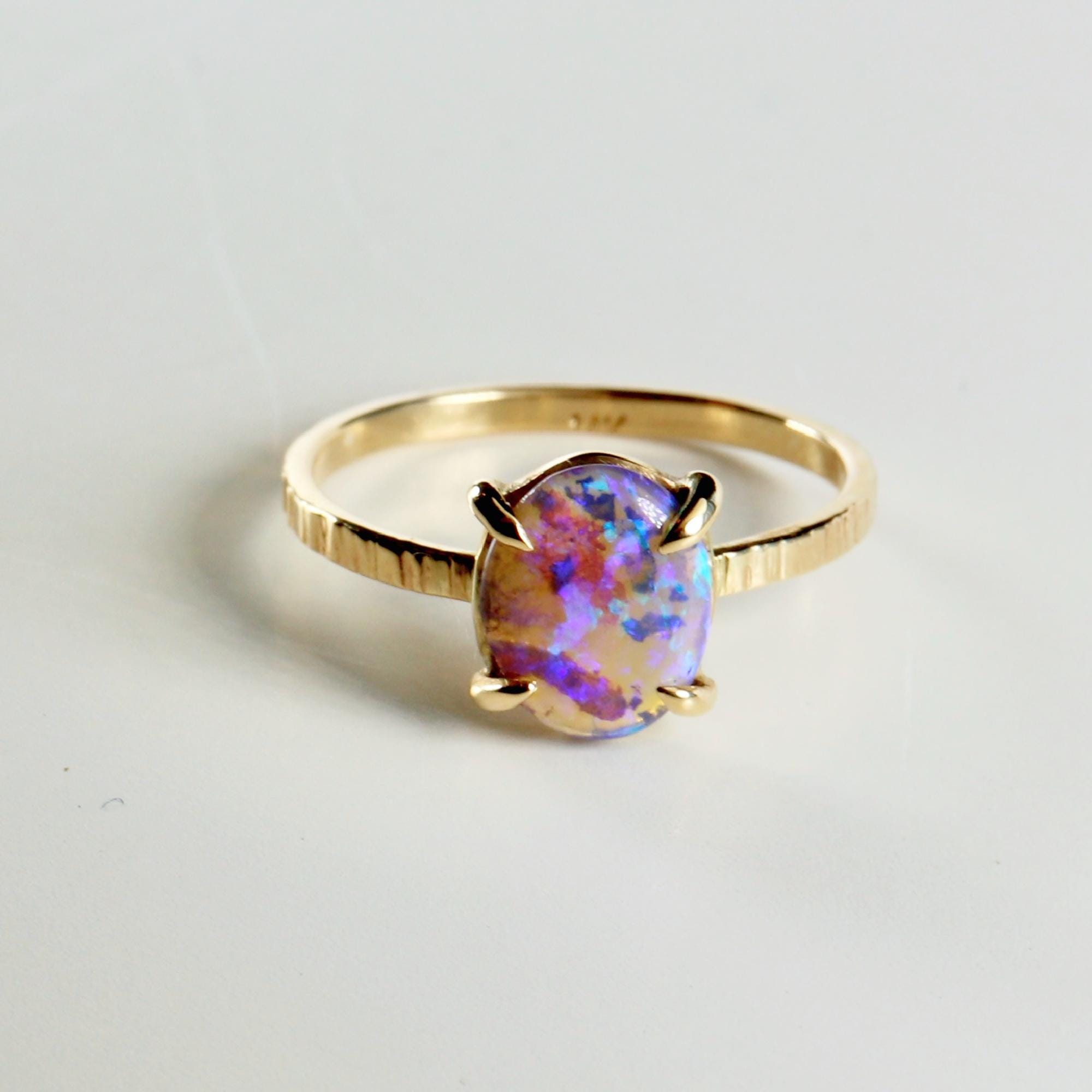 Natural Purple Australian Opal Ring 14k Solid Gold, Handmade Opal Jewelry, October Birthstone Ring, Unique Birthday Gift for Wife
